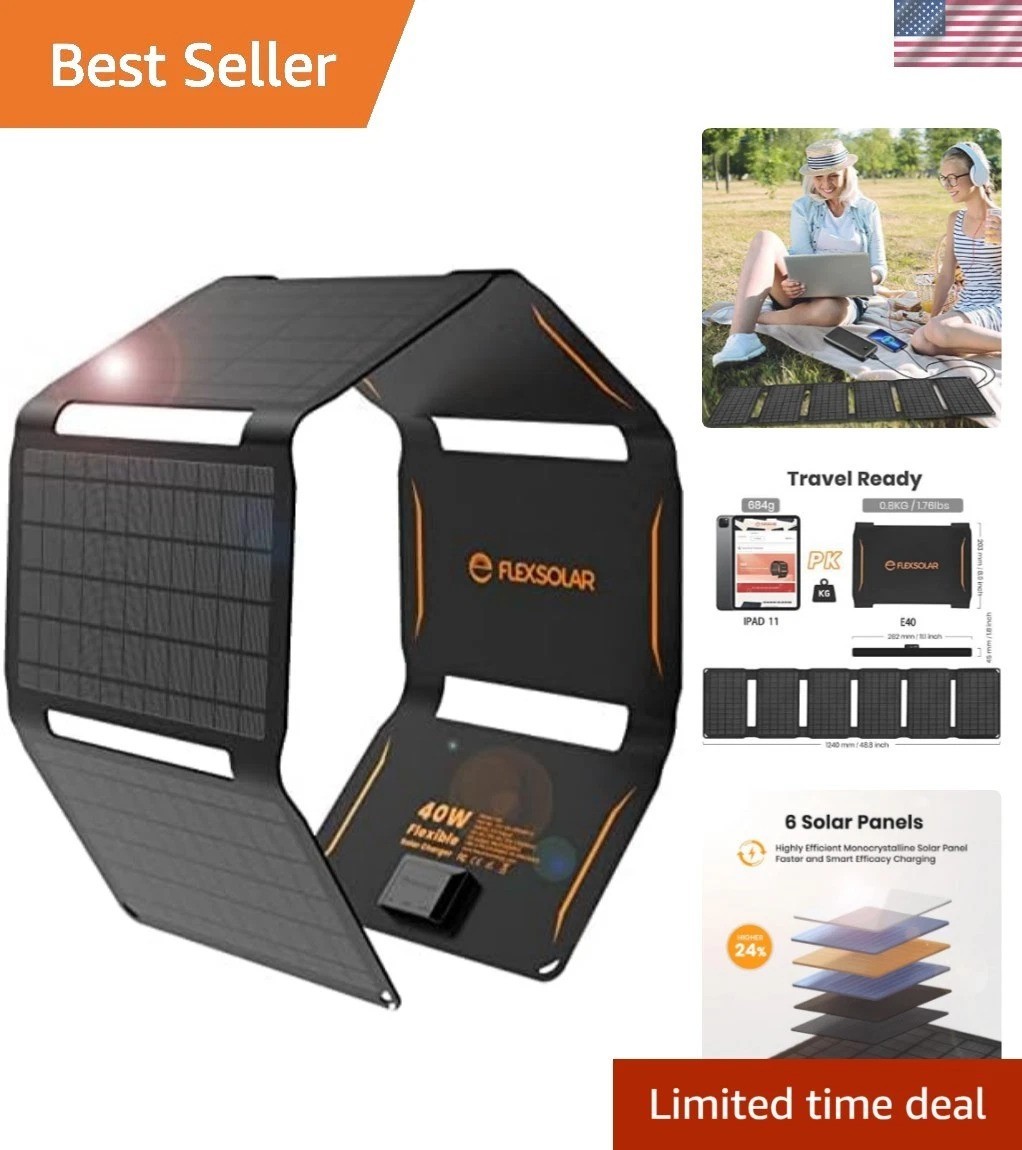 40W Foldable Solar Panel Charger with USB-C and USB-A Outputs for Phones, Pow…