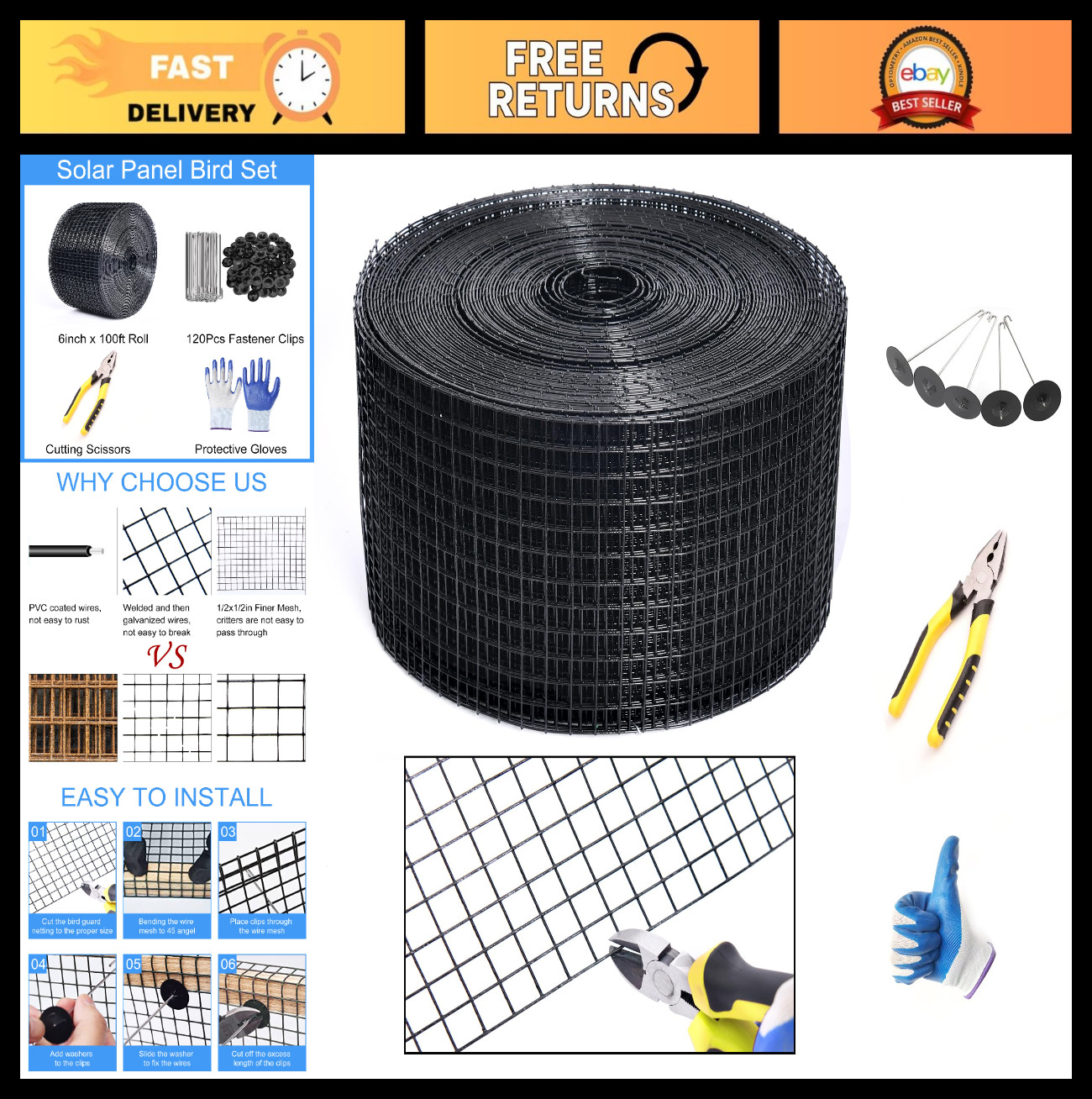 Solar Panel Critter Guard Roll Kit – 6in x 100ft PVC Pigeon Barrier Netting, 120