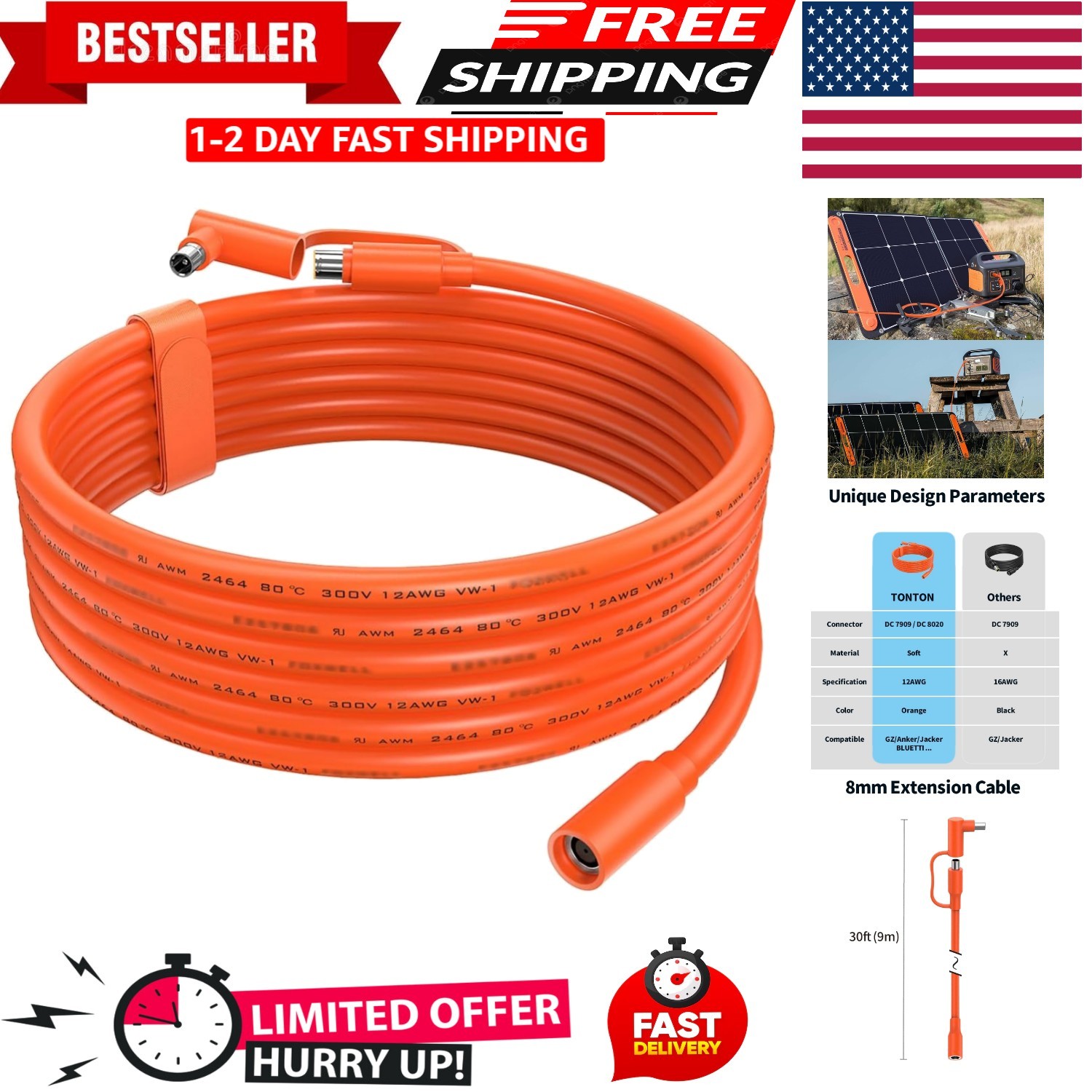 30FT 9M 8mm Extension Cable 12AWG for Solar Generators, DC7909 Solar Panel Ca…