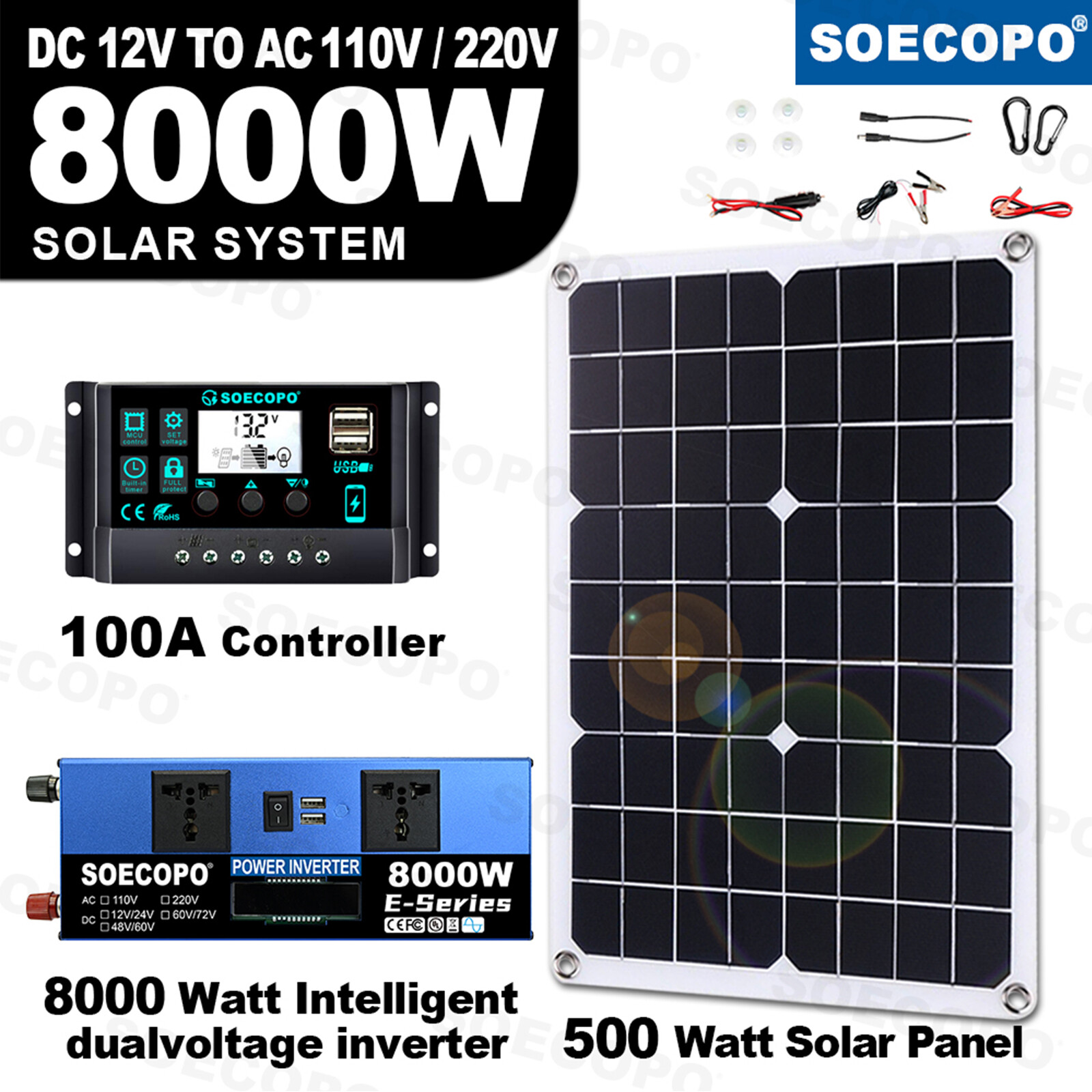 8000W Solar System DC12V/24V to 110V/220V Off-Grid Inverter System 100A 500WbS