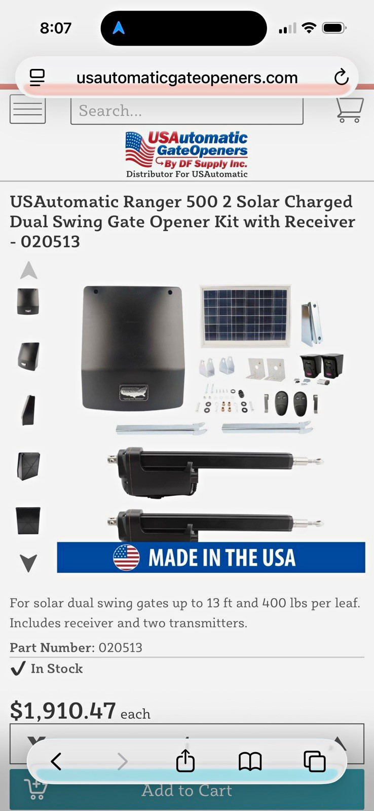 USAutomatic Ranger 500 Solar Charged Dual Swing Gate Opener Kit 12V DC 020513