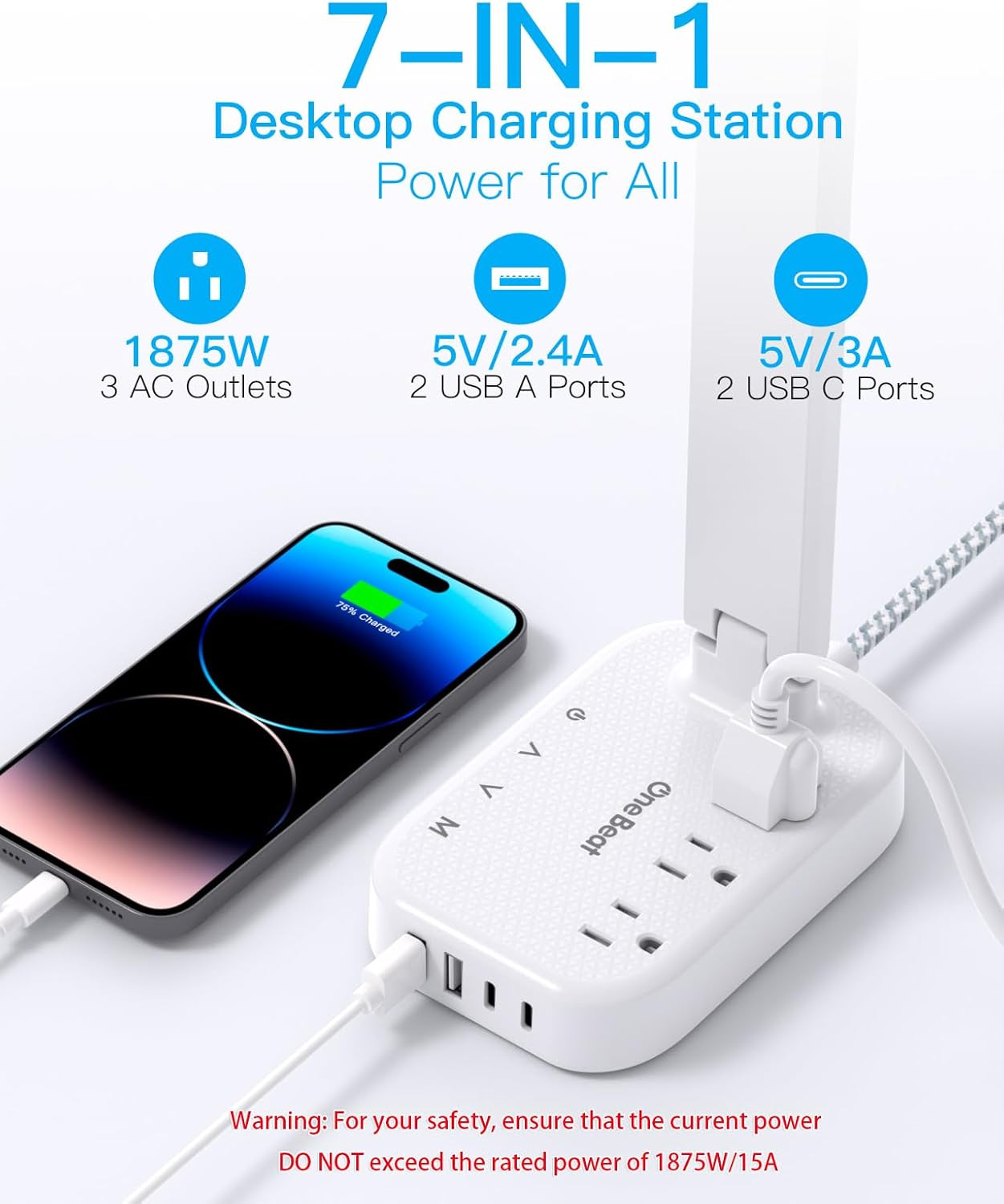 One Beat Small LED Desk Lamp Power Strip 5Ft Extension Cord with 3 Outlets 4 USB