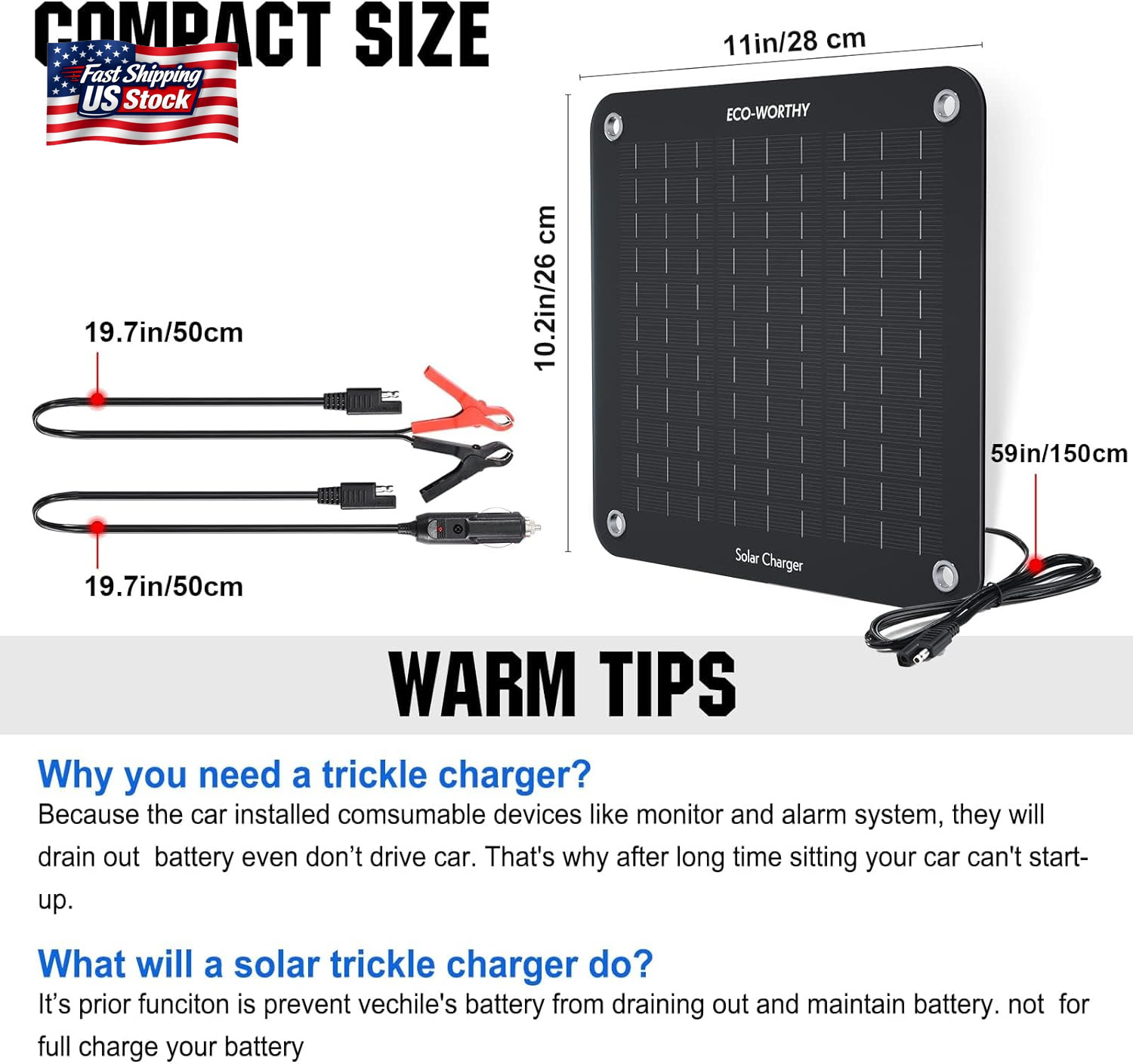 ECO-WORTHY 10W Solar Car Battery Charger Maintainer 12V Waterproof Portable Sola