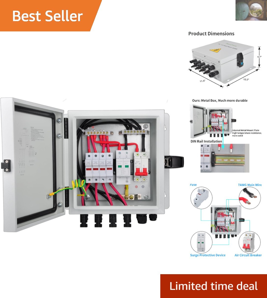 4 String PV Combiner Box with 15A Fuses & 50A Circuit Breaker – Waterproof