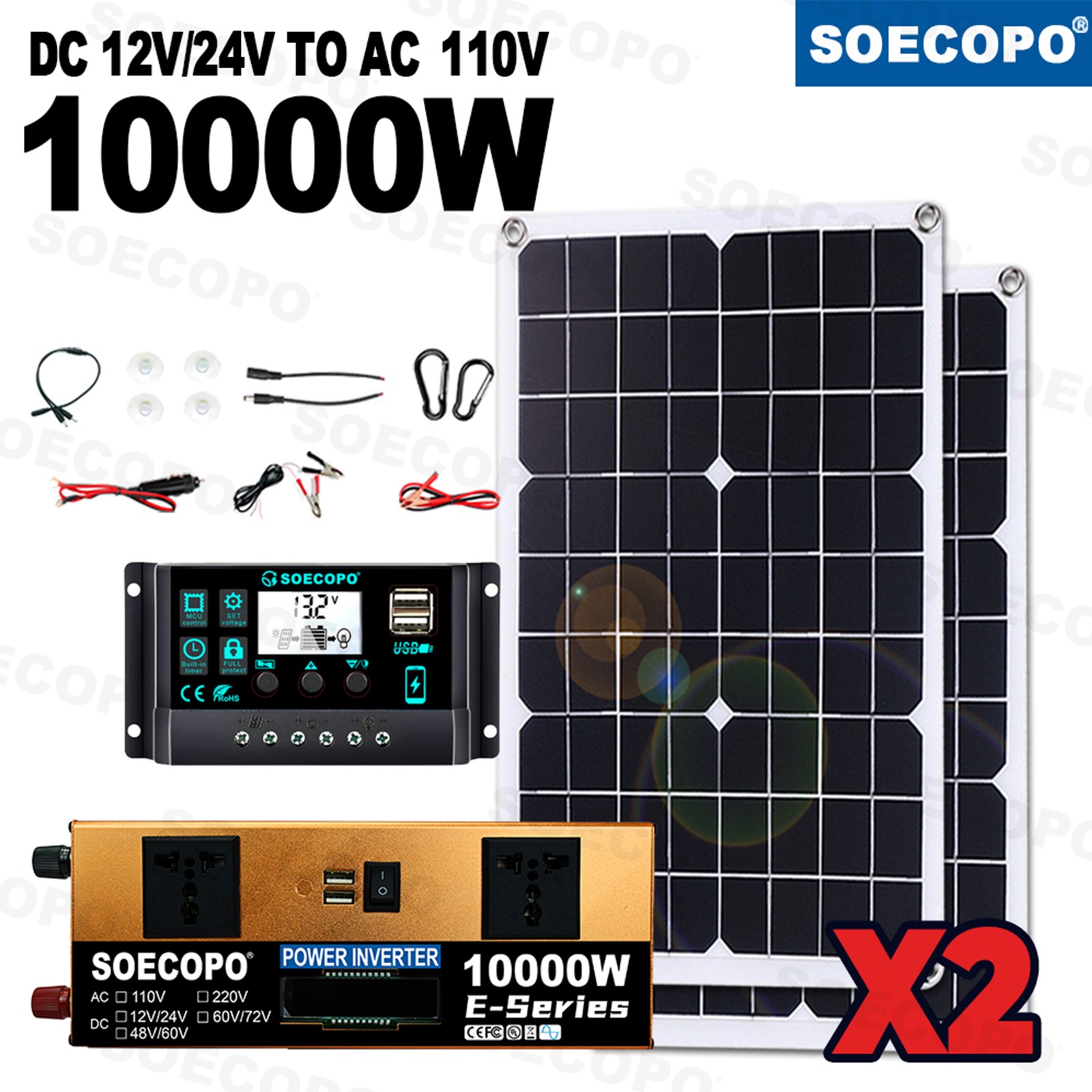 10000W Solar Kit Inverter 12V24V-110V/220V + 2pcs Solar Panels + Controller