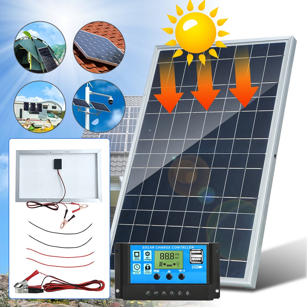 30W Solar Panel +100A Controller w/ Aluminum Frame Cell Photovoltaic Charger