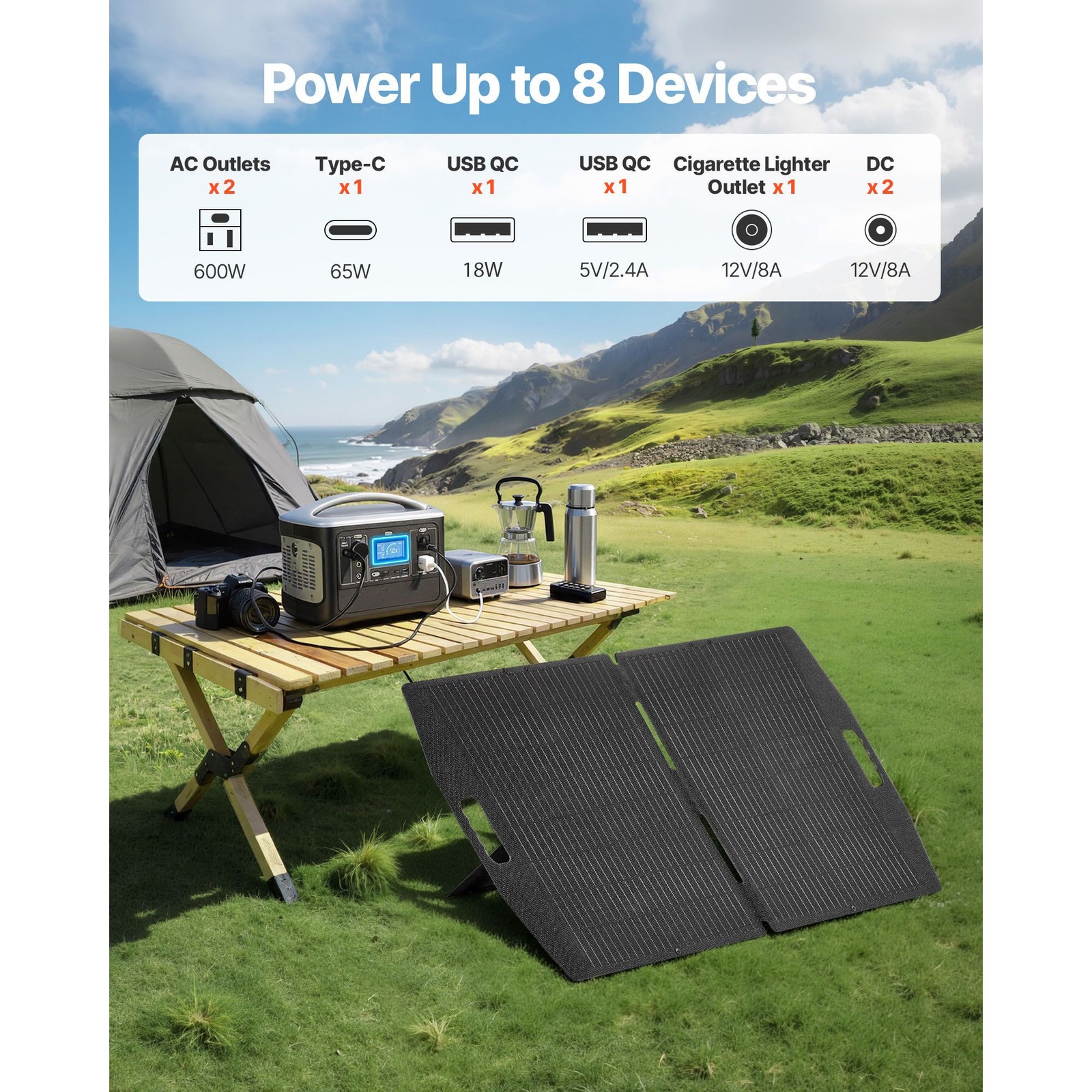 Solar Power Station: 600W, 493Wh, 8-Port, LiFePO4