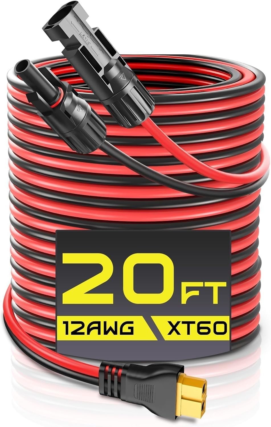 20FT 12AWG XT60 Solar Charging Cable with Caps & Ties