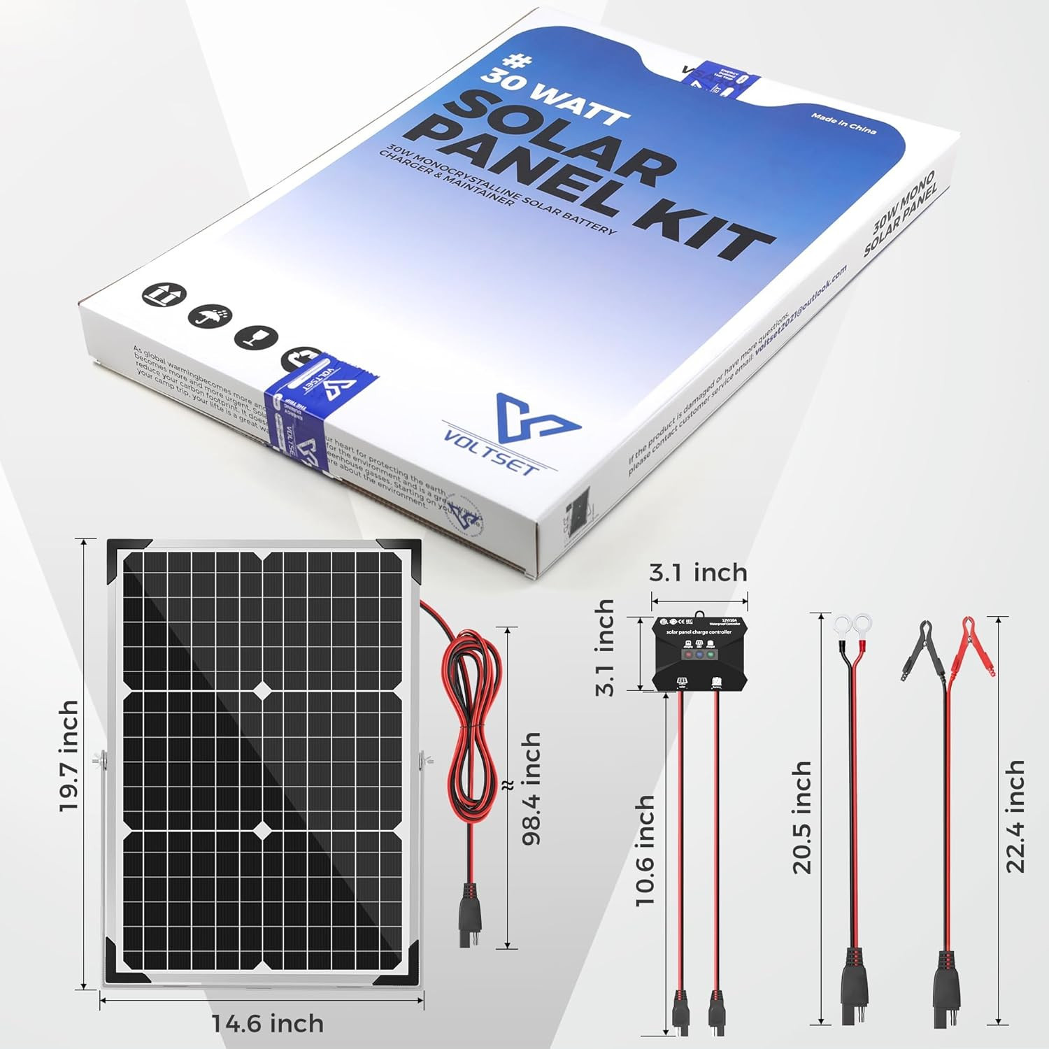 30W Solar Battery Charger – 12V Solar Panel Kit with 10A Smart Charge Controller