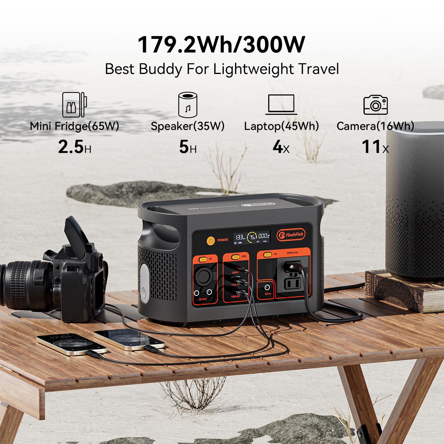 FlashFish E103 179.2Wh Portable Power Station Solar Generator & 60W Solar Panel