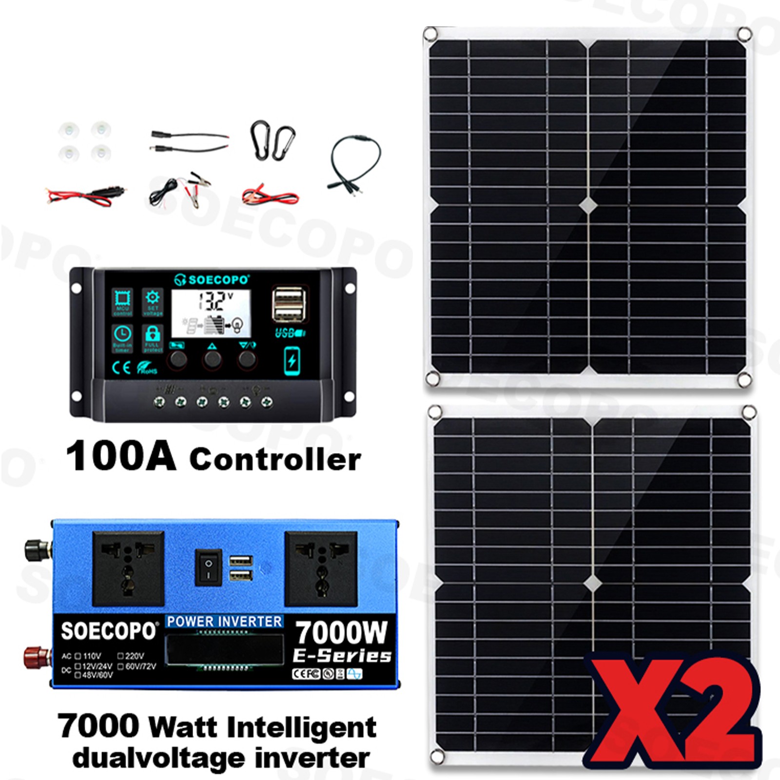 Powerful 7000W Solar Generator Kit | Inverter, 2pcs Solar Panels + Controller