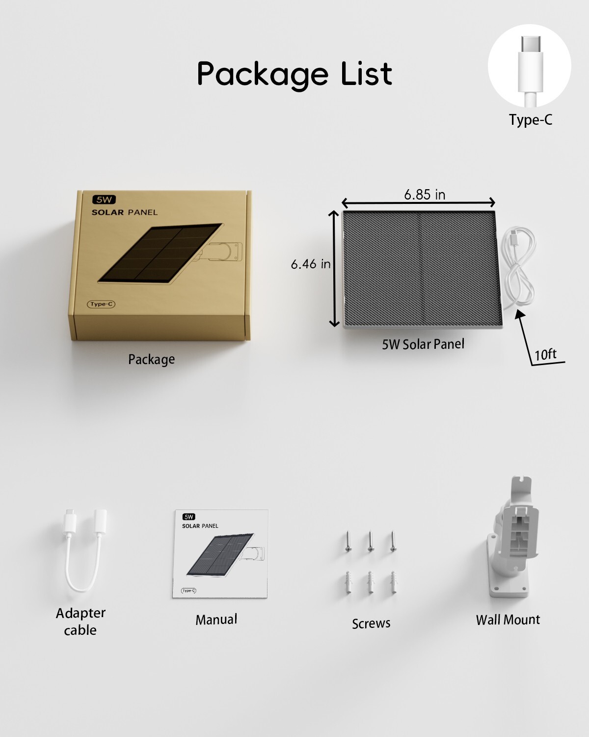 ZUMIMALL 5W Solar Panel for Security Camera Type C Port -1 Kit（No Camera）