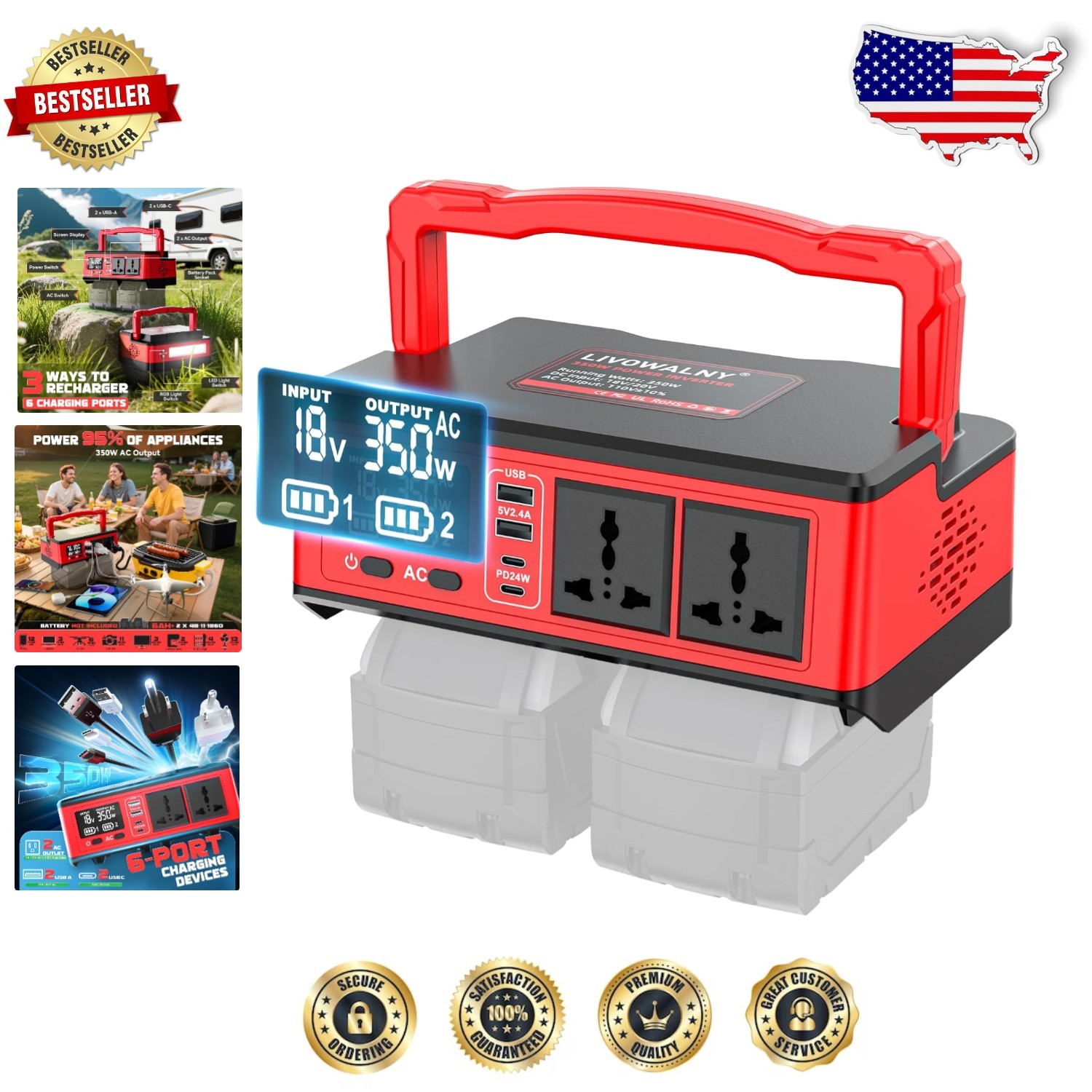 High-Value 350W Power Inverter: For Milwaukee 18V, 2 AC Outlets, 6-Port Charger