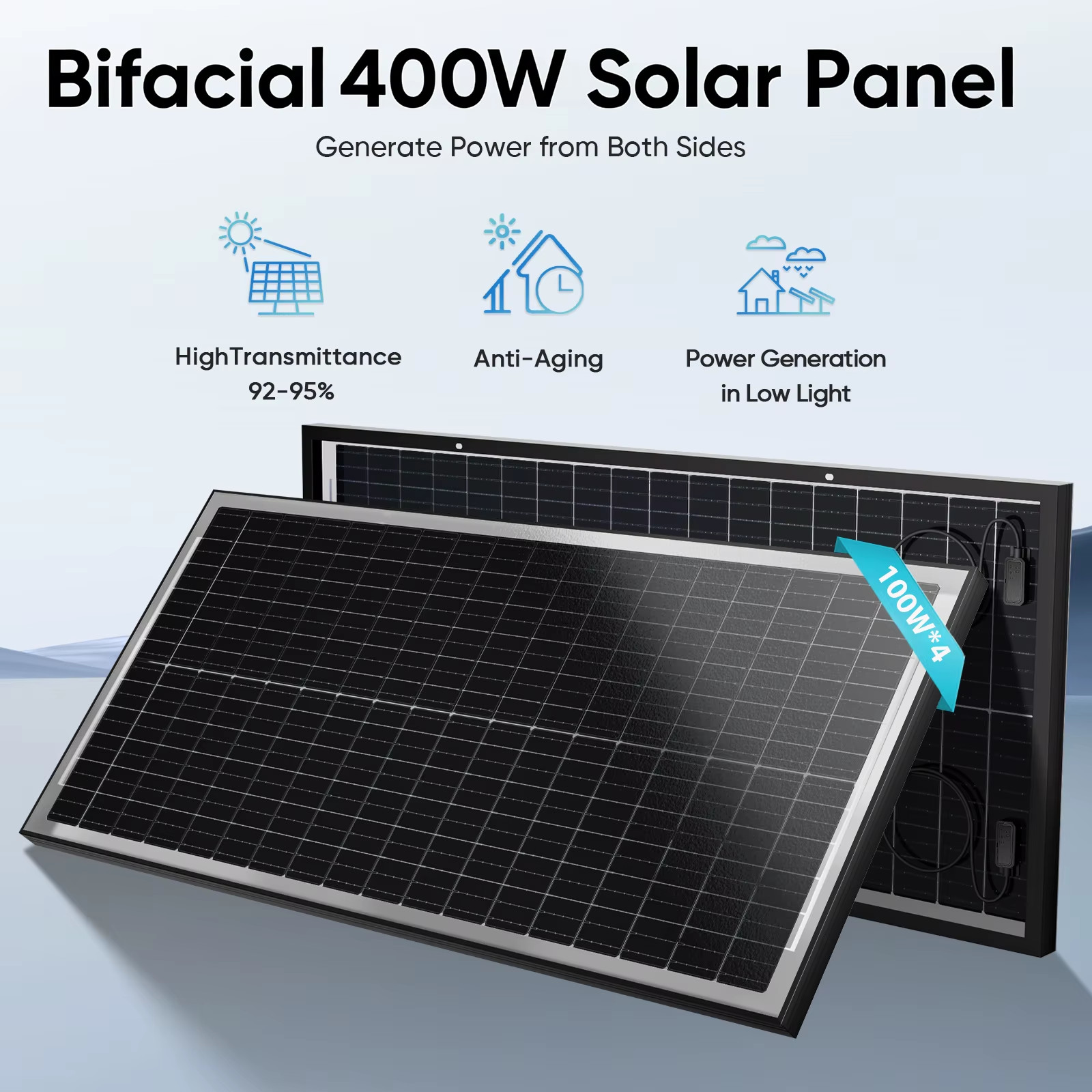 12V 400W/200W/100W Bifacial Solar Panel Monocrystalline 25.5% High-Efficiency 18