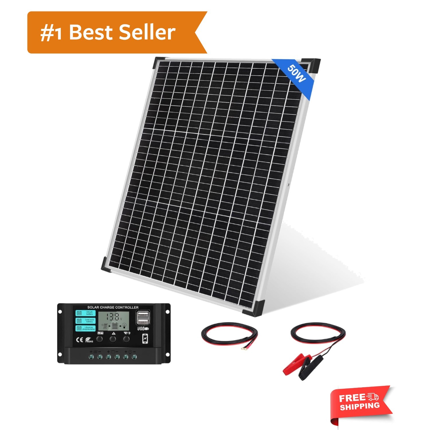 50W Solar Panel Kit with 12V/24V 10A PWM Charge Controller High Efficiency Mo…