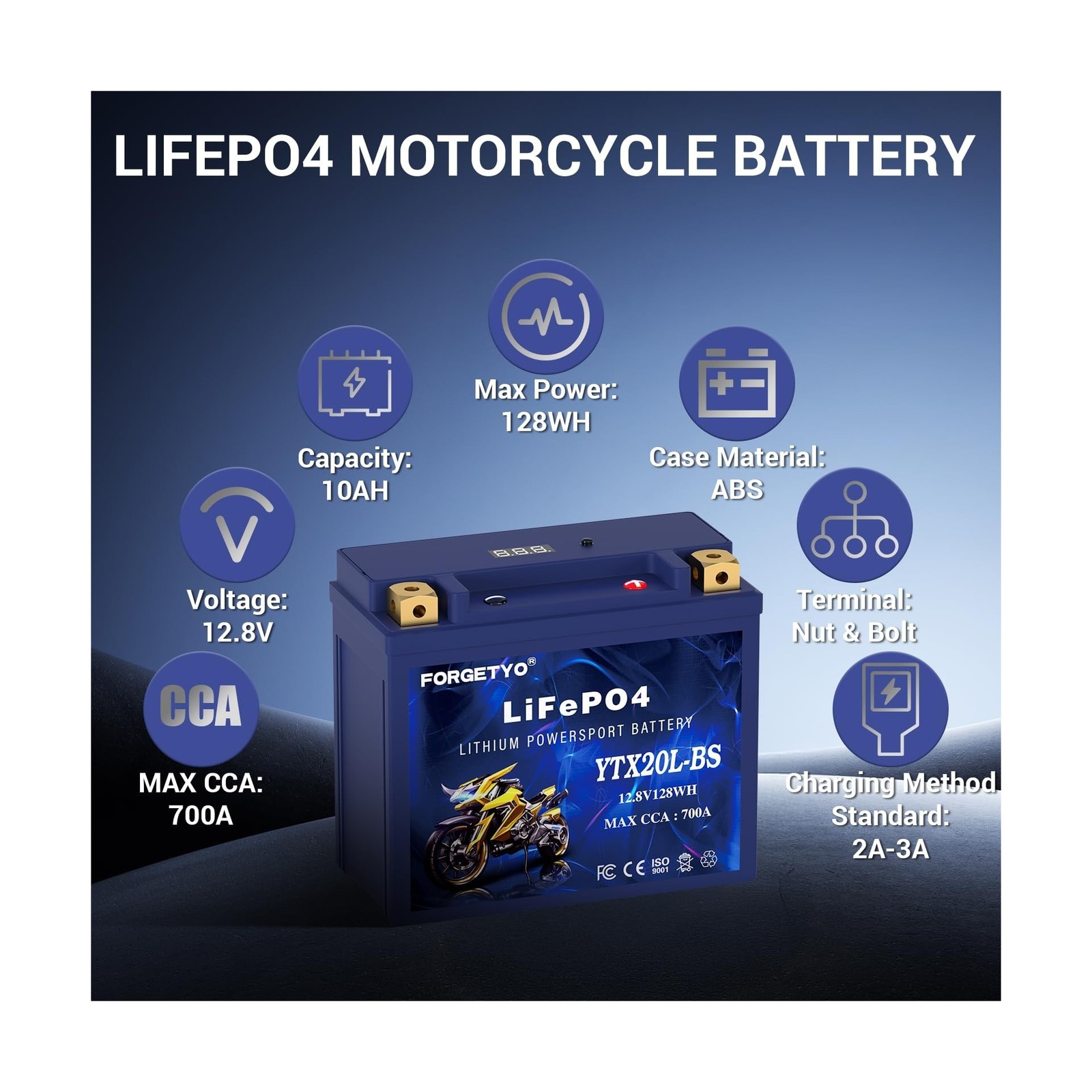 Lithium YTX20L-BS, 700A LiFePO4 Motorcycle Battery, 12V 10AH ATV, UTV, Jet Sk…