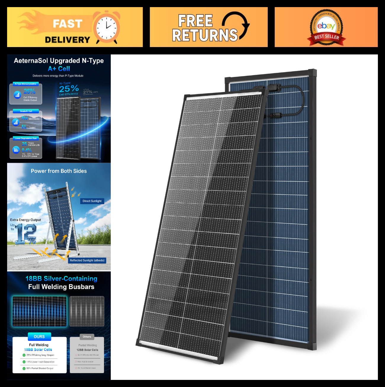 100W Bifacial Solar Panel, 12V High-Efficiency Monocrystalline, IP68 Waterproof