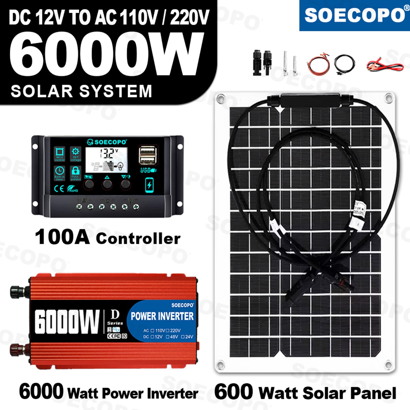 SOECOPO 6000W Solar System Complete Kit,12V DC to 110V/220V AC Inverter