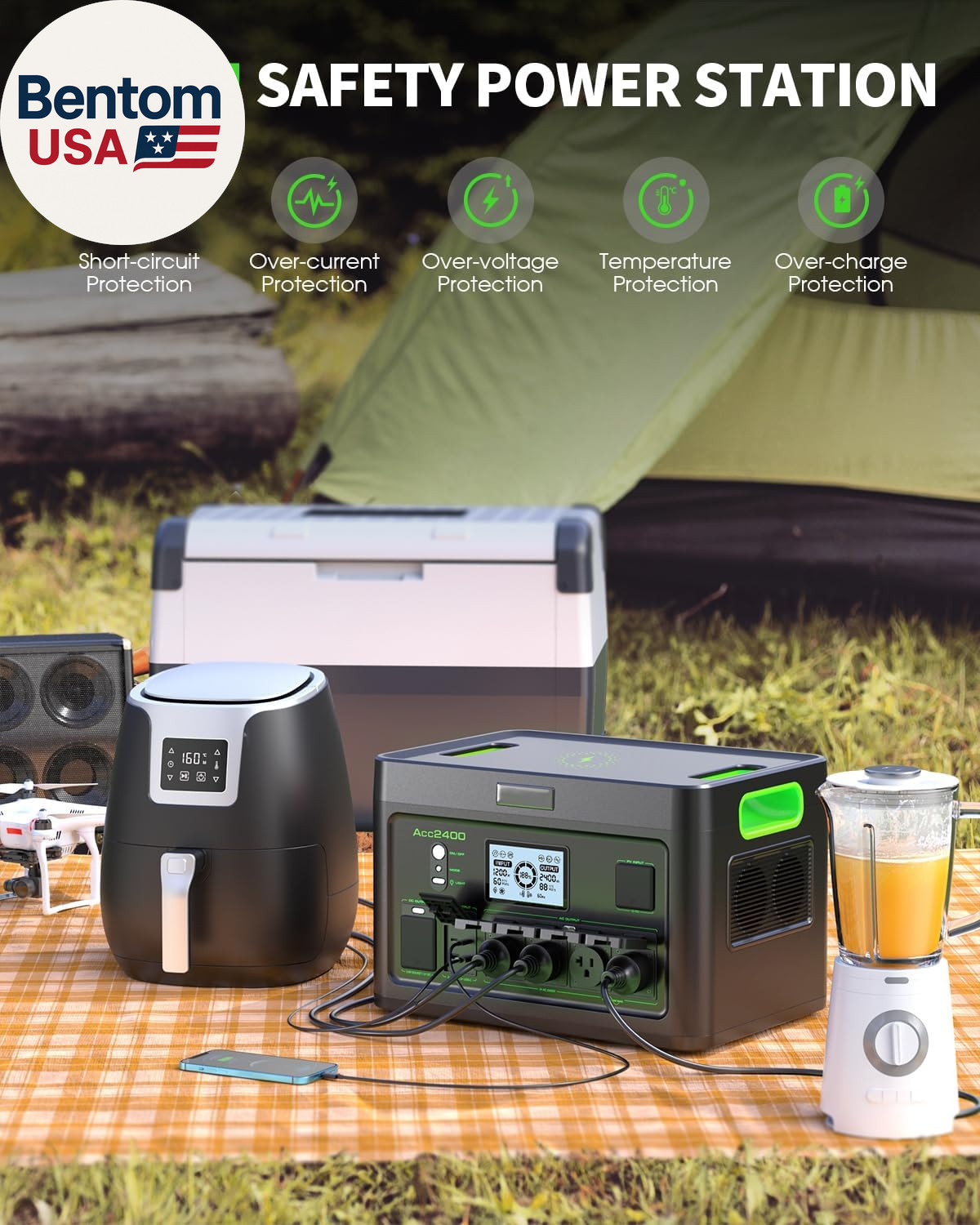 Portable Power Station 2400W Solar Generator, 1843Wh UPS Home Battery Backup, Li