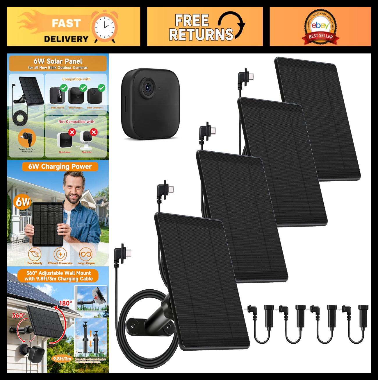 4 Pack Solar Panel Charger for Blink Outdoor Cameras, 6W with 360° Mount & 10ft