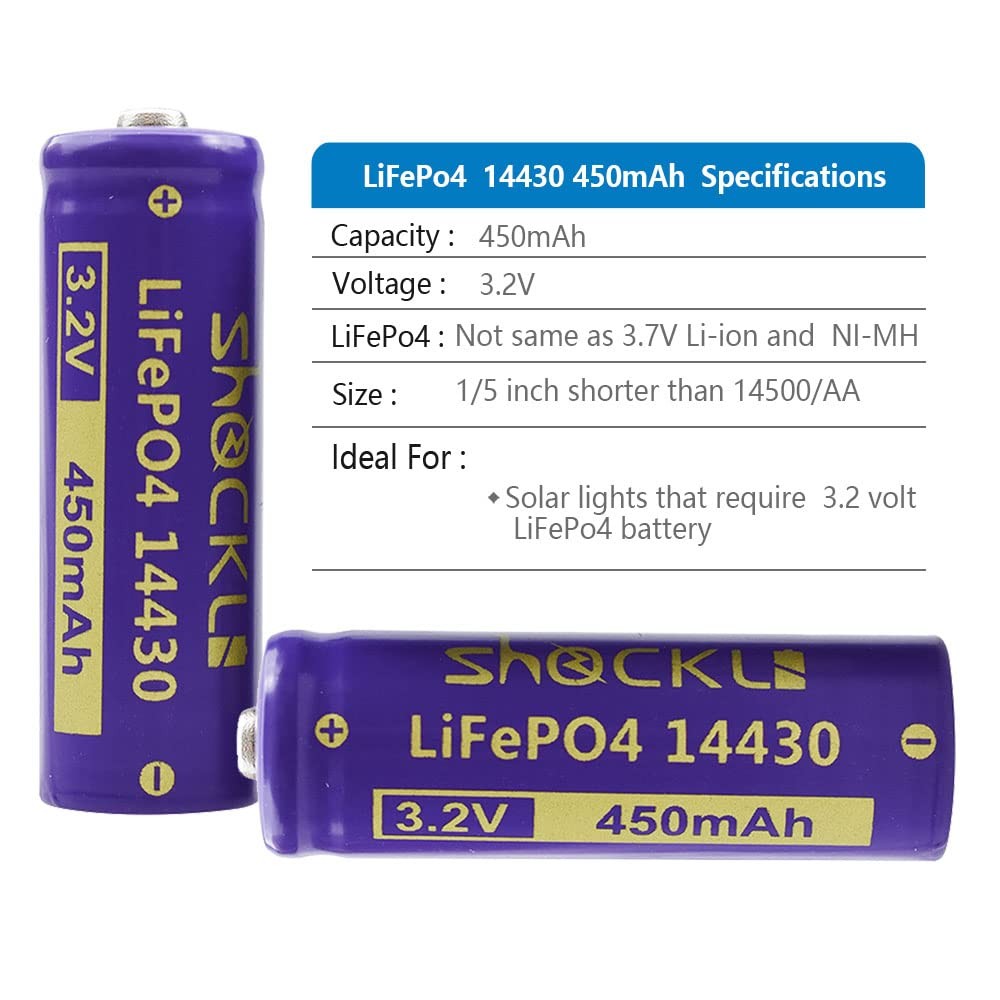8Pack Shockli 14430 3.2 Volt 450mAh LiFePo4 3.2V Solar Battery for Solar Pane…