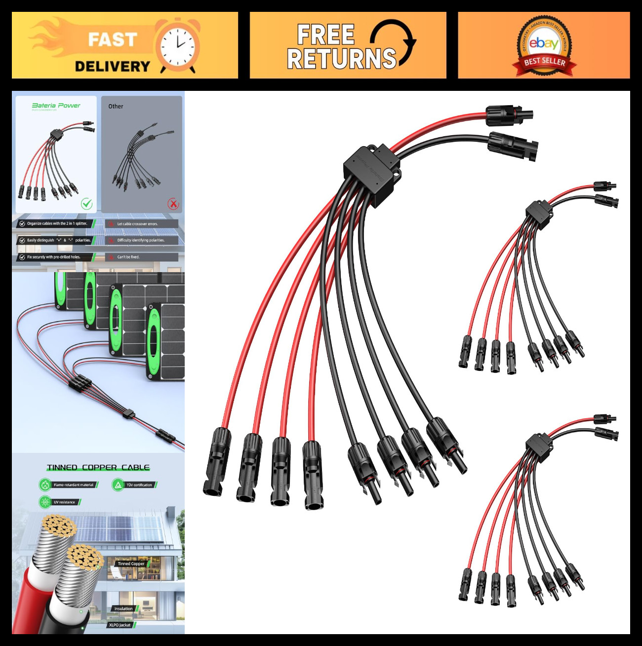 30A Solar Panel Y-Branch Connectors, Parallel Adaptor Cable, 3PCS Solar Wiring