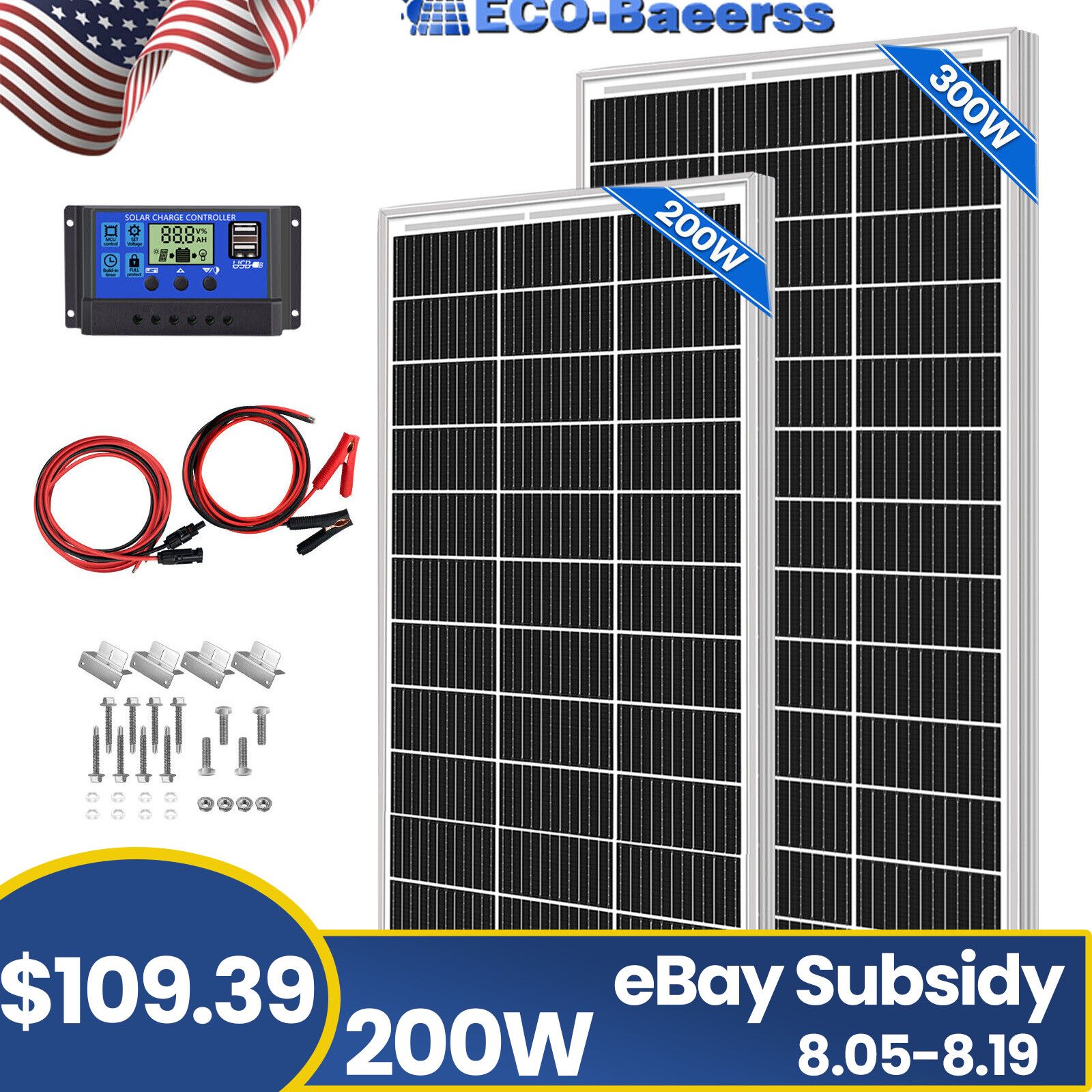 200W 300W Mono Solar Panel Kit 12V Charging Off-Grid Battery Power RV Home Boat