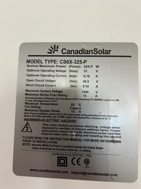 1-325W POLY SOLAR PANEL CANADIAN MADE PANEL UL LISTED GRID TIE / ONLY 104 TO GO