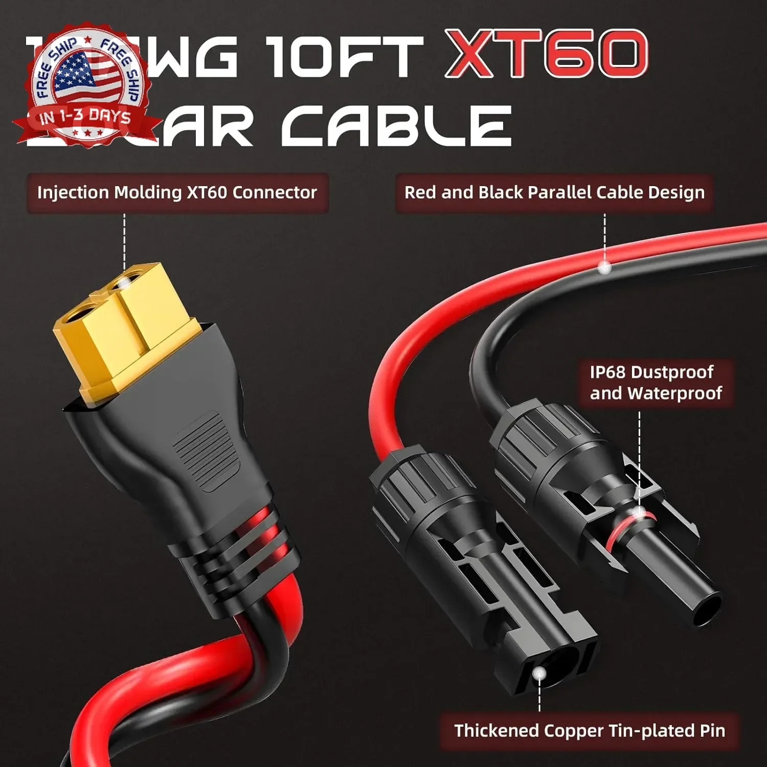 10FT 10AWG XT60 Solar Charging Cable, GIBBAB Solar Panel Connector to XT60 Exten