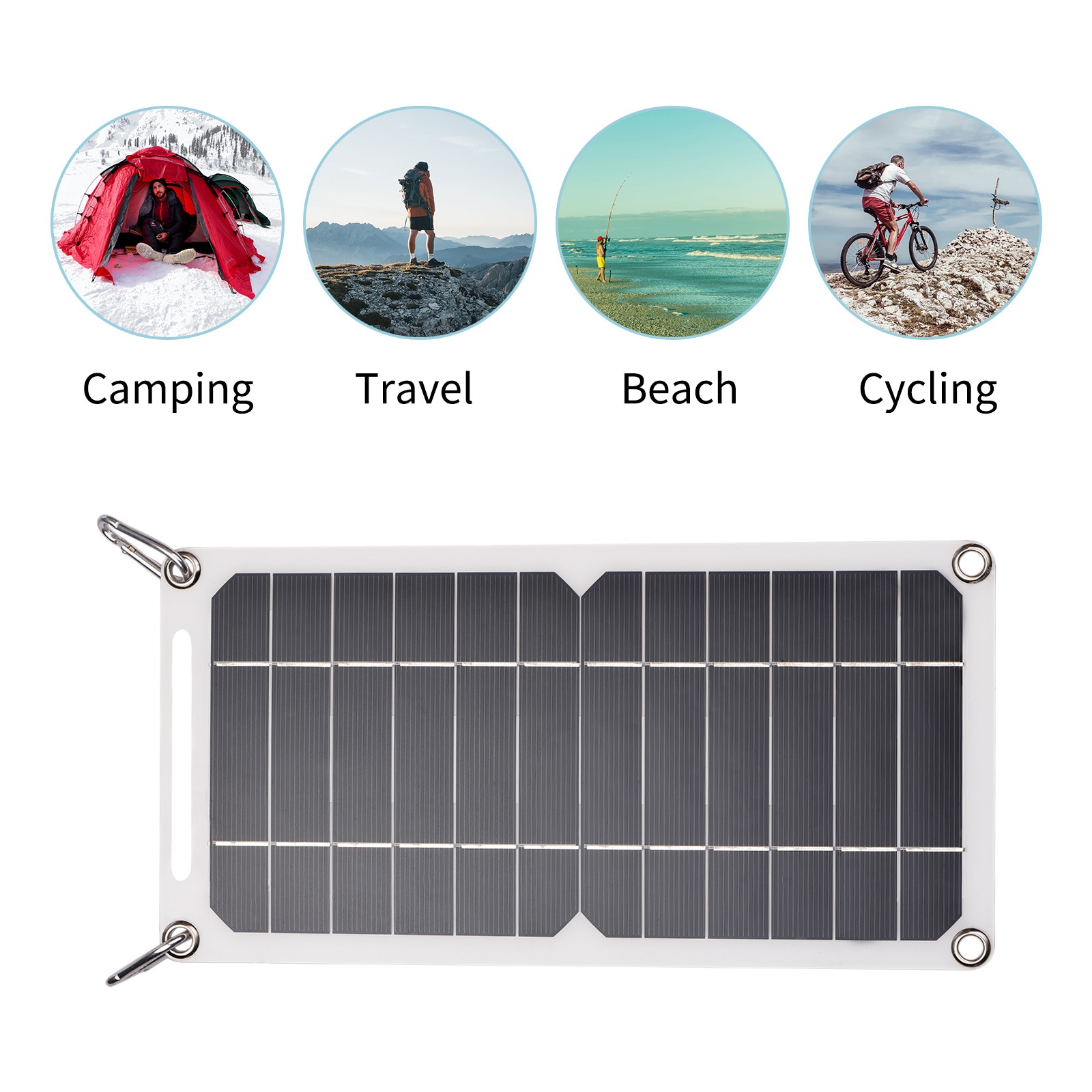 1-6W 5V Solar Panel With USB Port 2PCS Carabiner Monocrystalline Silicon Solar