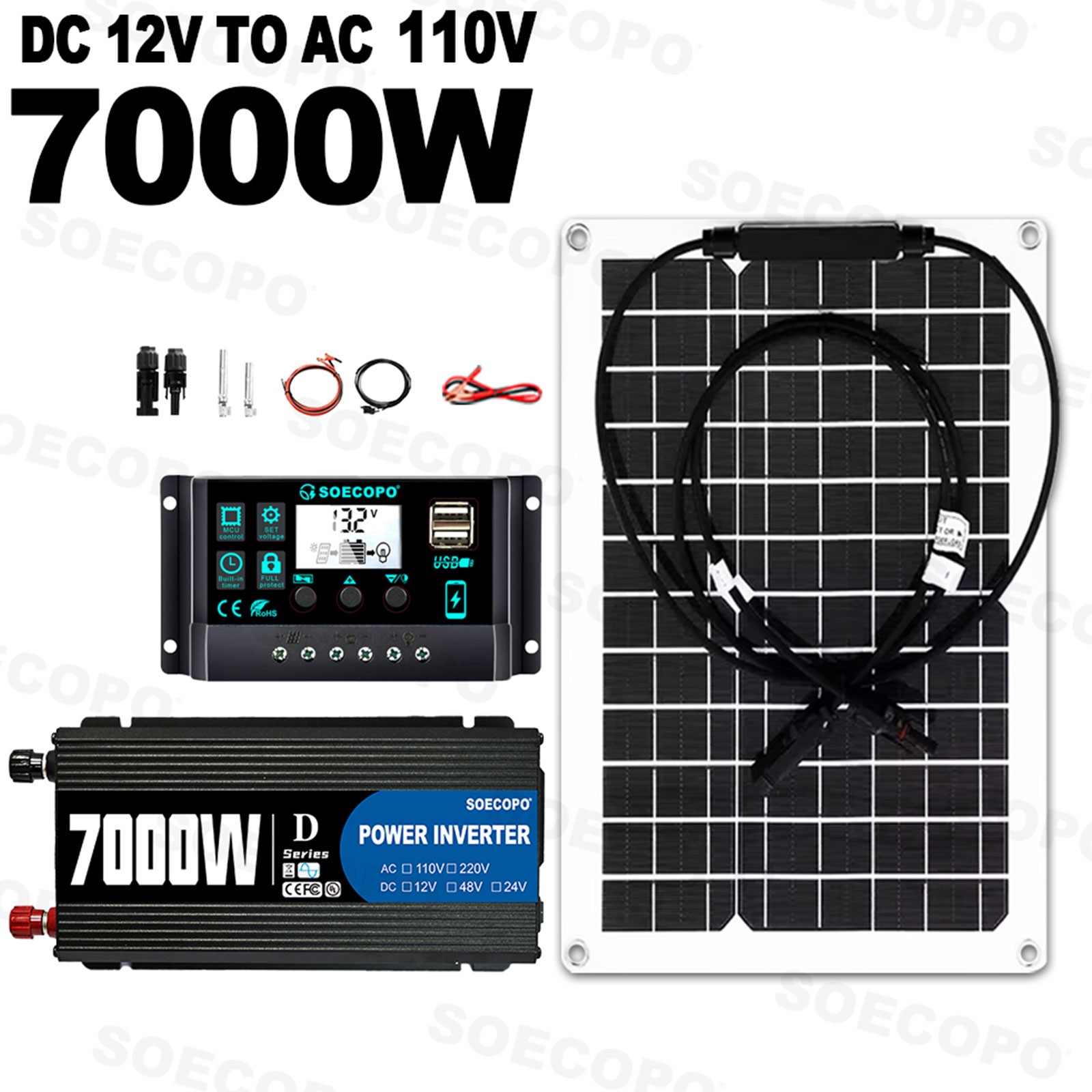 SOECOPO 7000W Peak Solar System Flexible Panel 100A Controller 12V To 110/220V