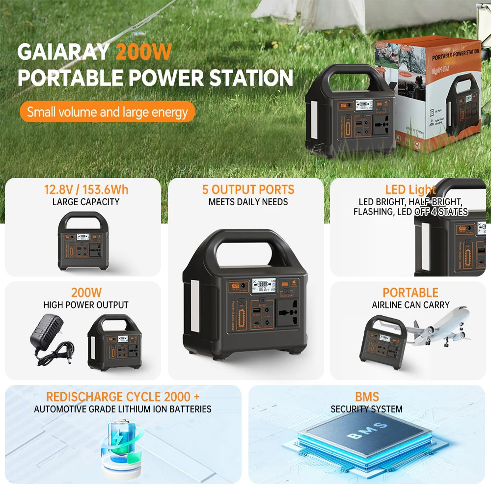 200W Portable Power Station 153.6Wh Lifepo4 Battery AC 110V 220V Solar Generator