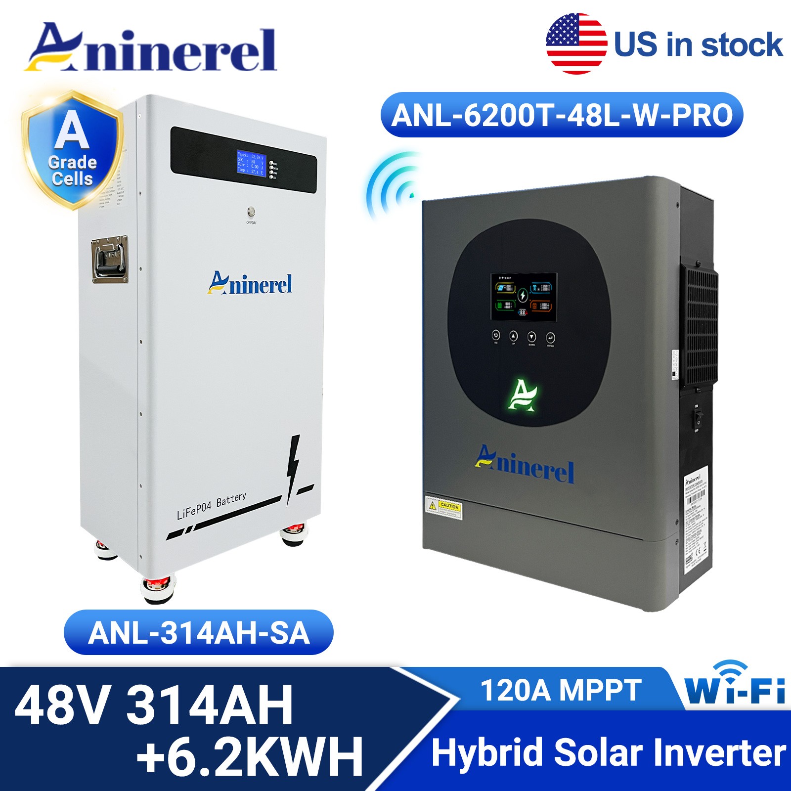 ANINEREL 16kWh 48V 314AH LiFePO4 Battery + 6kw/11kw Solar Hybrid Inverter US