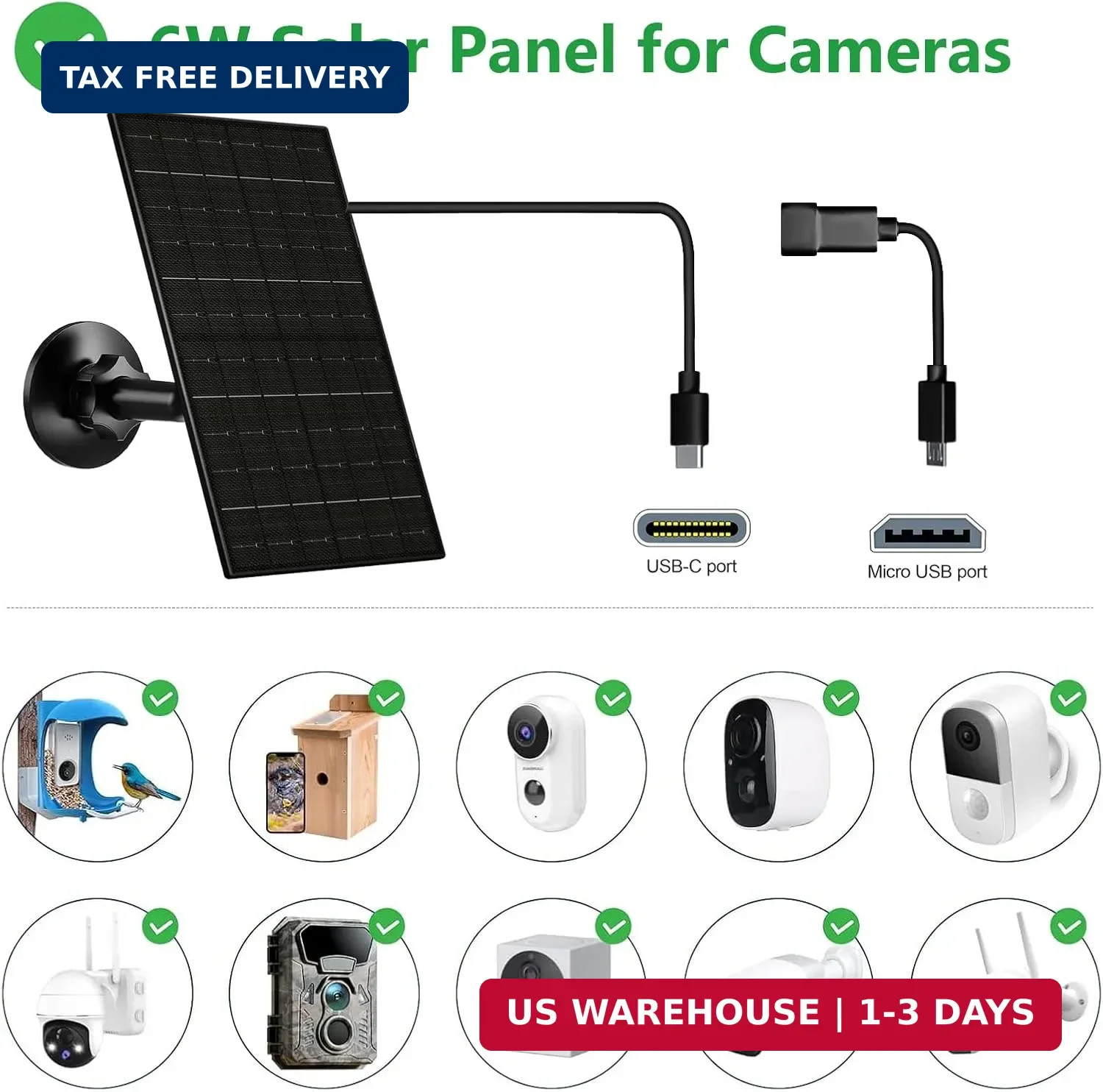 Zivif 6W Security Camera Solar Panel, 5V USB-C/USB Solar Charger Compatible with