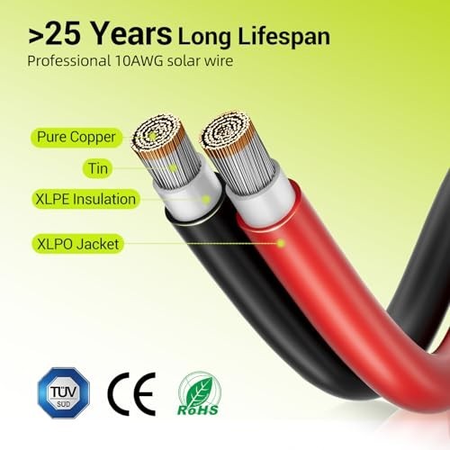 10AWG Solar Panel Wire 2x50FT Red & Black Extension Cable, Tinned Copper PV Wire