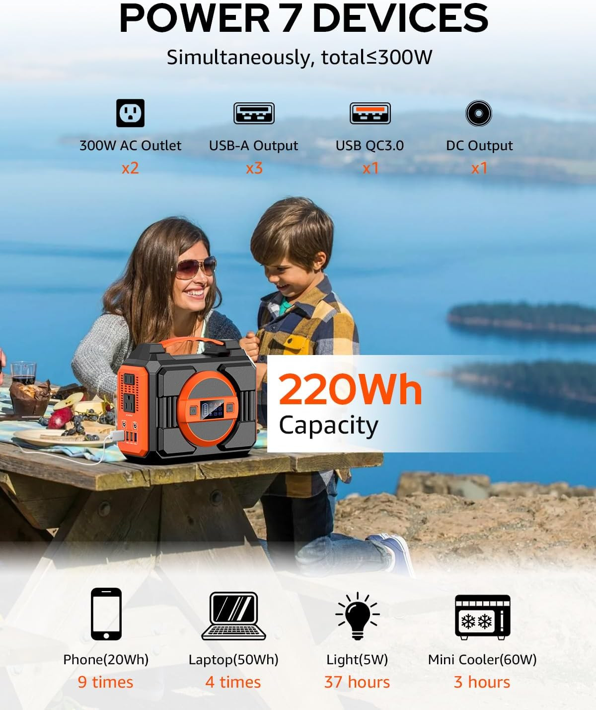 Portable Power Station 300W, Outdoor Solar Generator Backup Battery Pack 220Wh/6