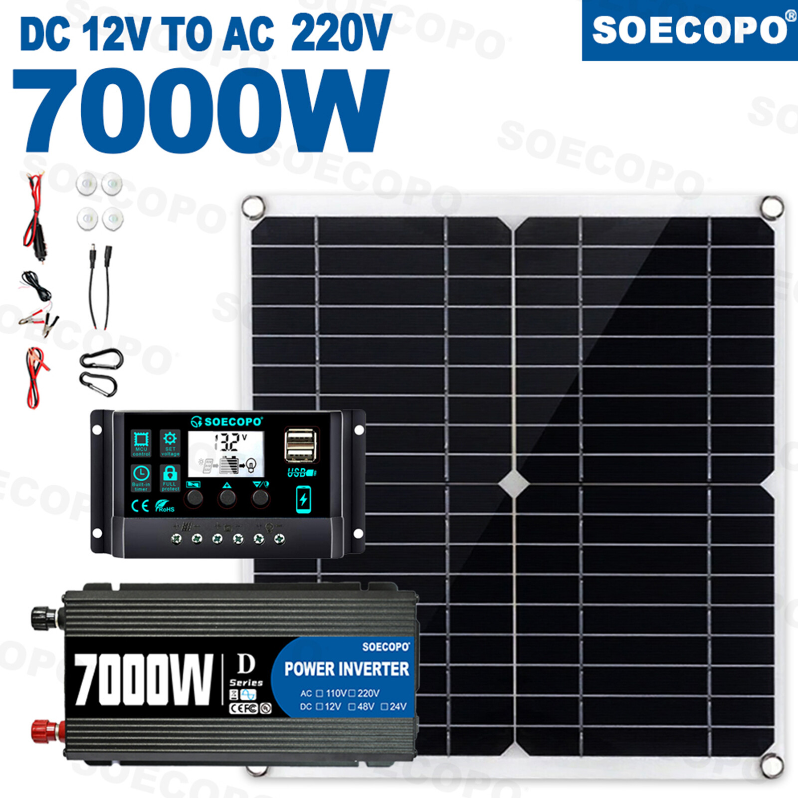7000W Solar Kits 12V 110V Inverter Battery ChargerLighting/Camping W/300W Panels