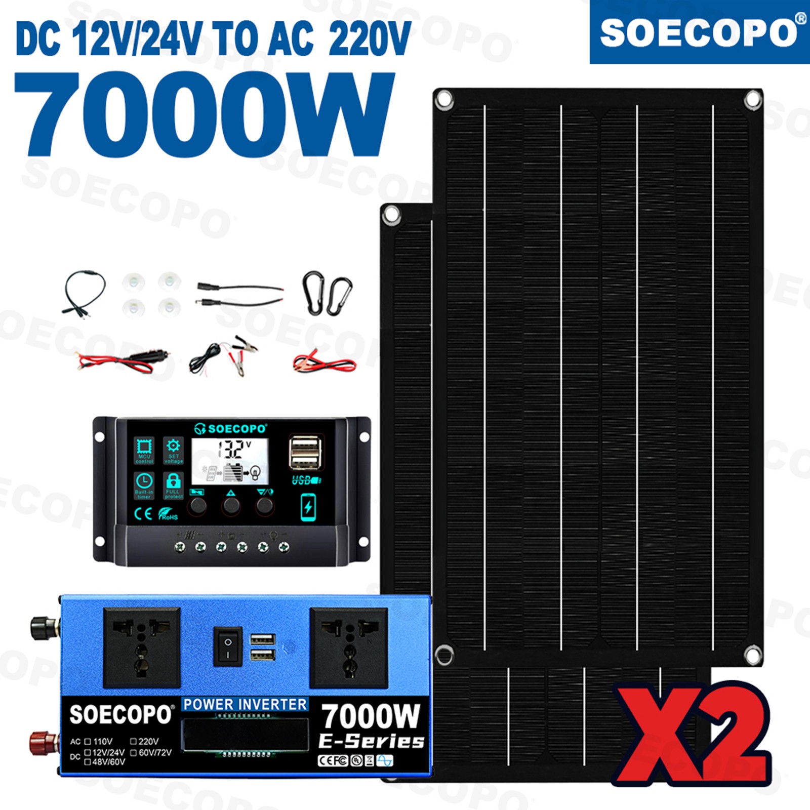 7000W Solar Kit | Sine Wave Inverter+2High-Conversion Solar Panels+100A Charge