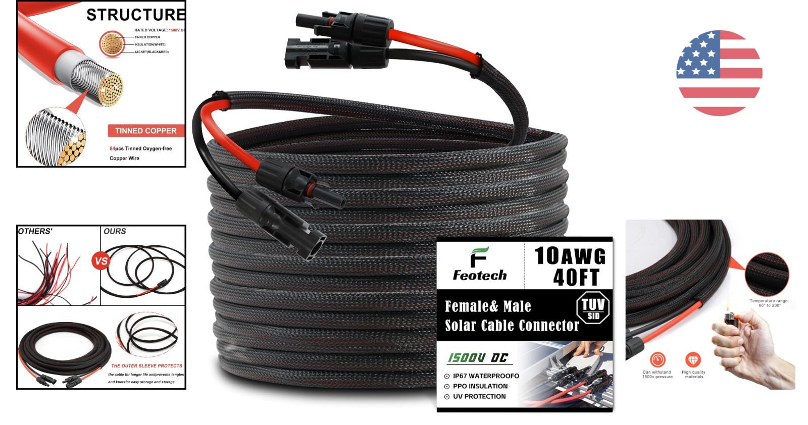 Energy Efficient 40FT 10AWG Braided Solar Cable with Rated Connectors