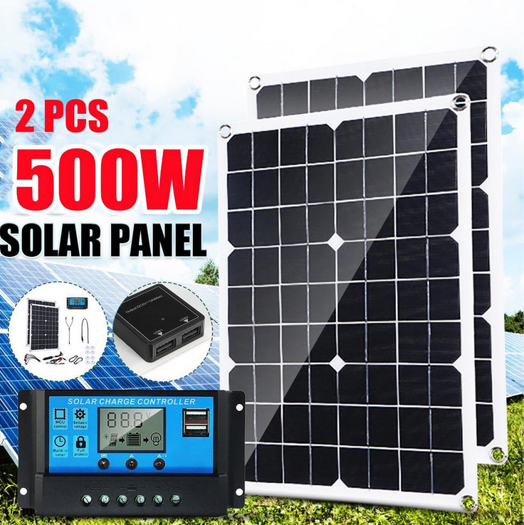 2PCS 500W Solar Panel Kit Dual USB Power 60A Controller Battery Charger Caravan