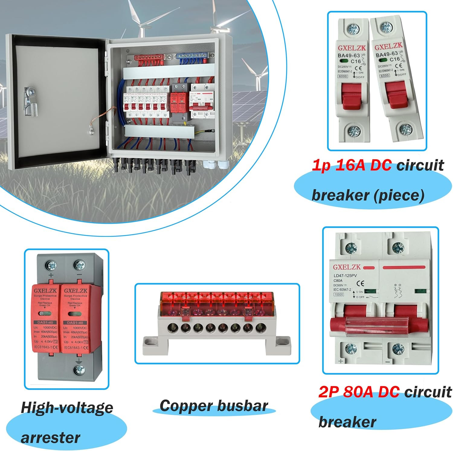 Hardcover 6 Strings Solar Combiner Box 80A DC Main Circuit Breaker with Power Su