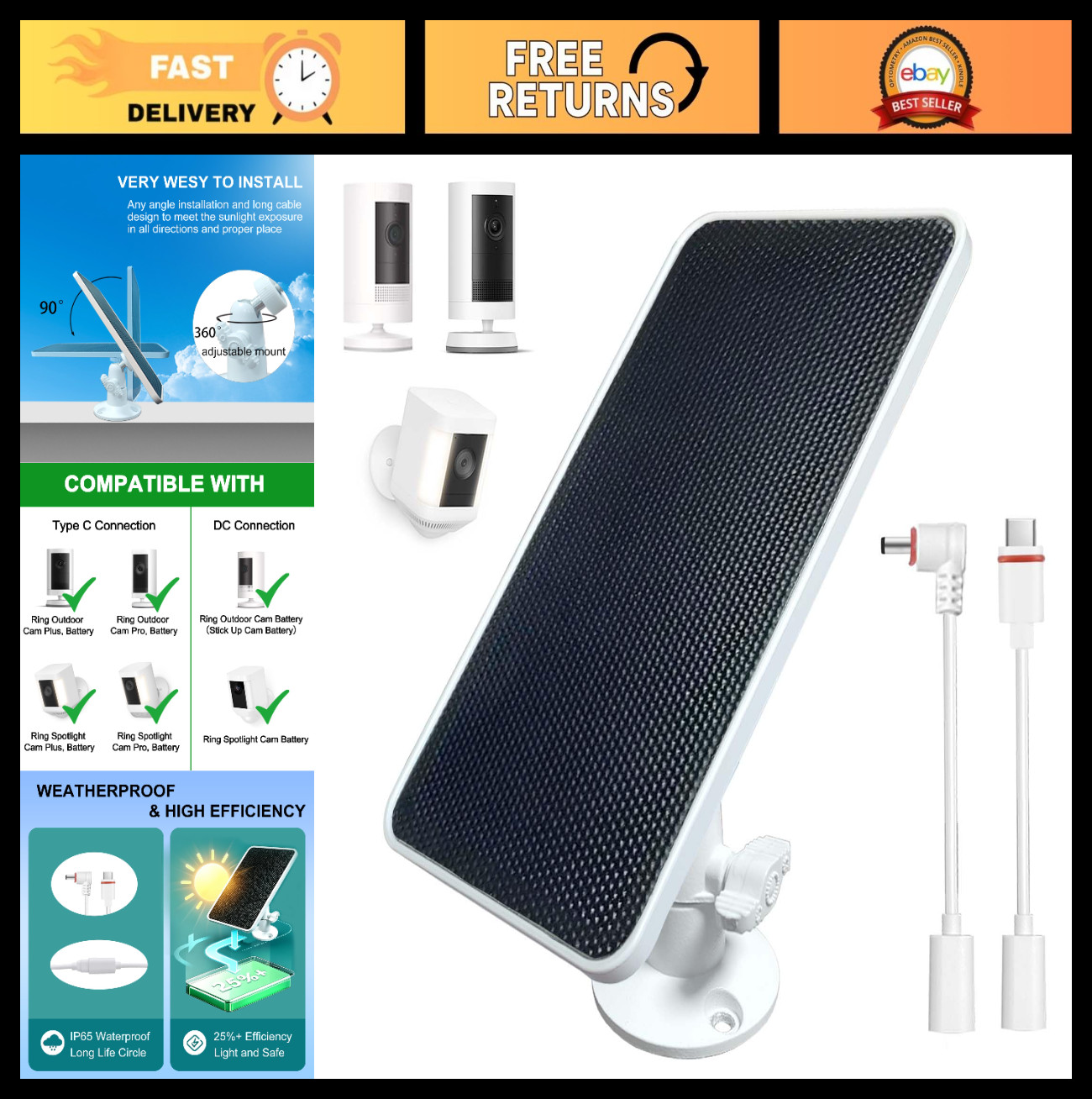 Solar Panel Charger for Ring Cameras – Outdoor Power Supply, 13FT Weatherproof C