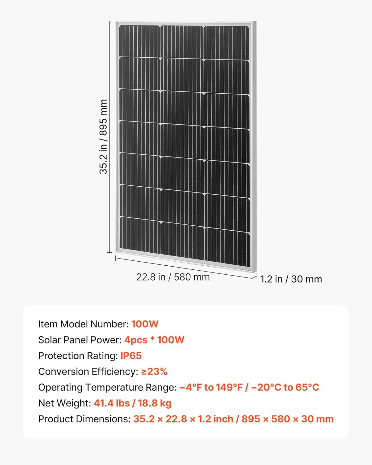 4PCS 100W Monocrystalline Solar Panels, 23% High-Efficiency Mono PV Module with