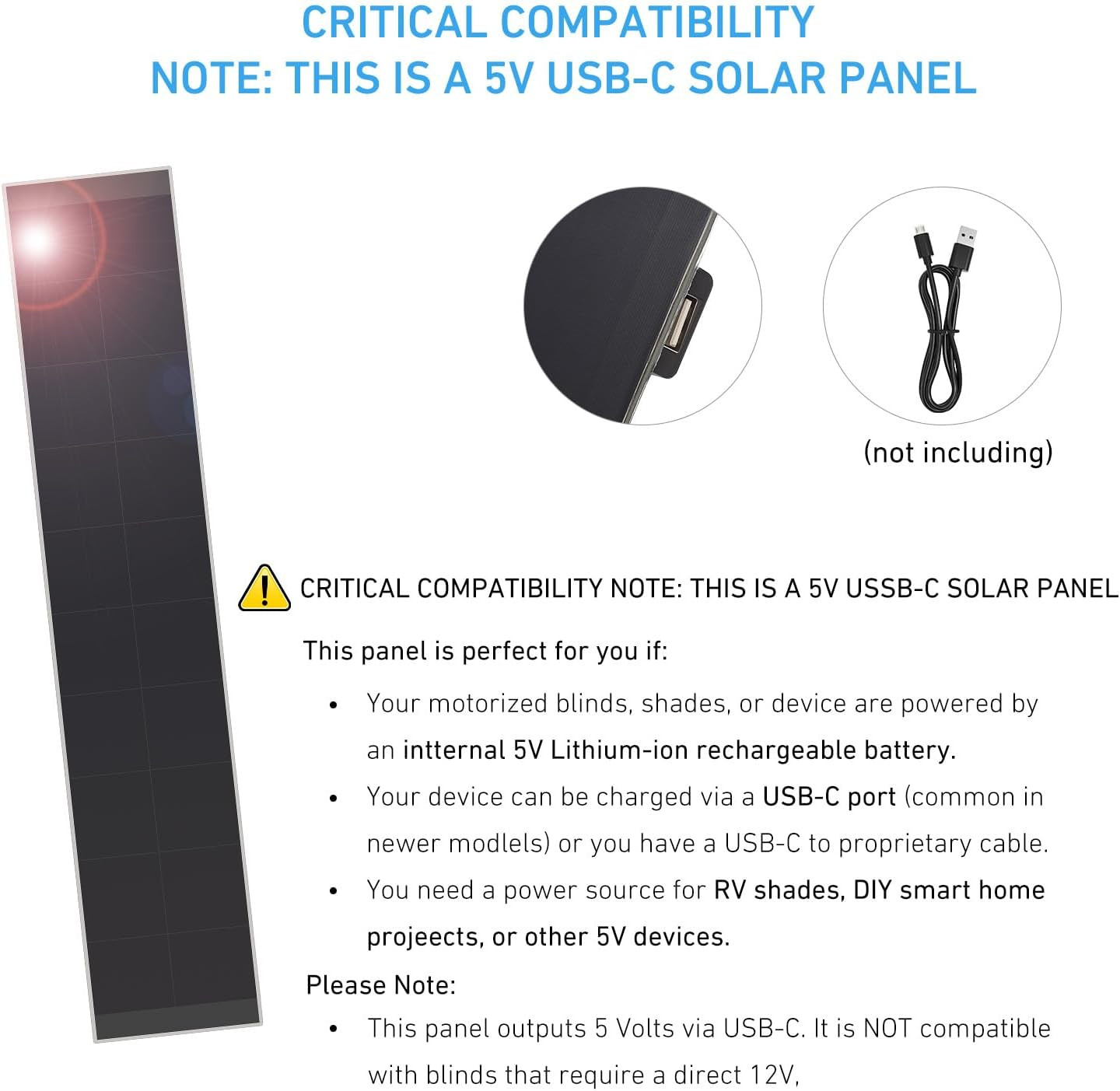 Solar Panels 5W 5V Charge for Motorized Blinds with USB-C Connector | Powers Sma