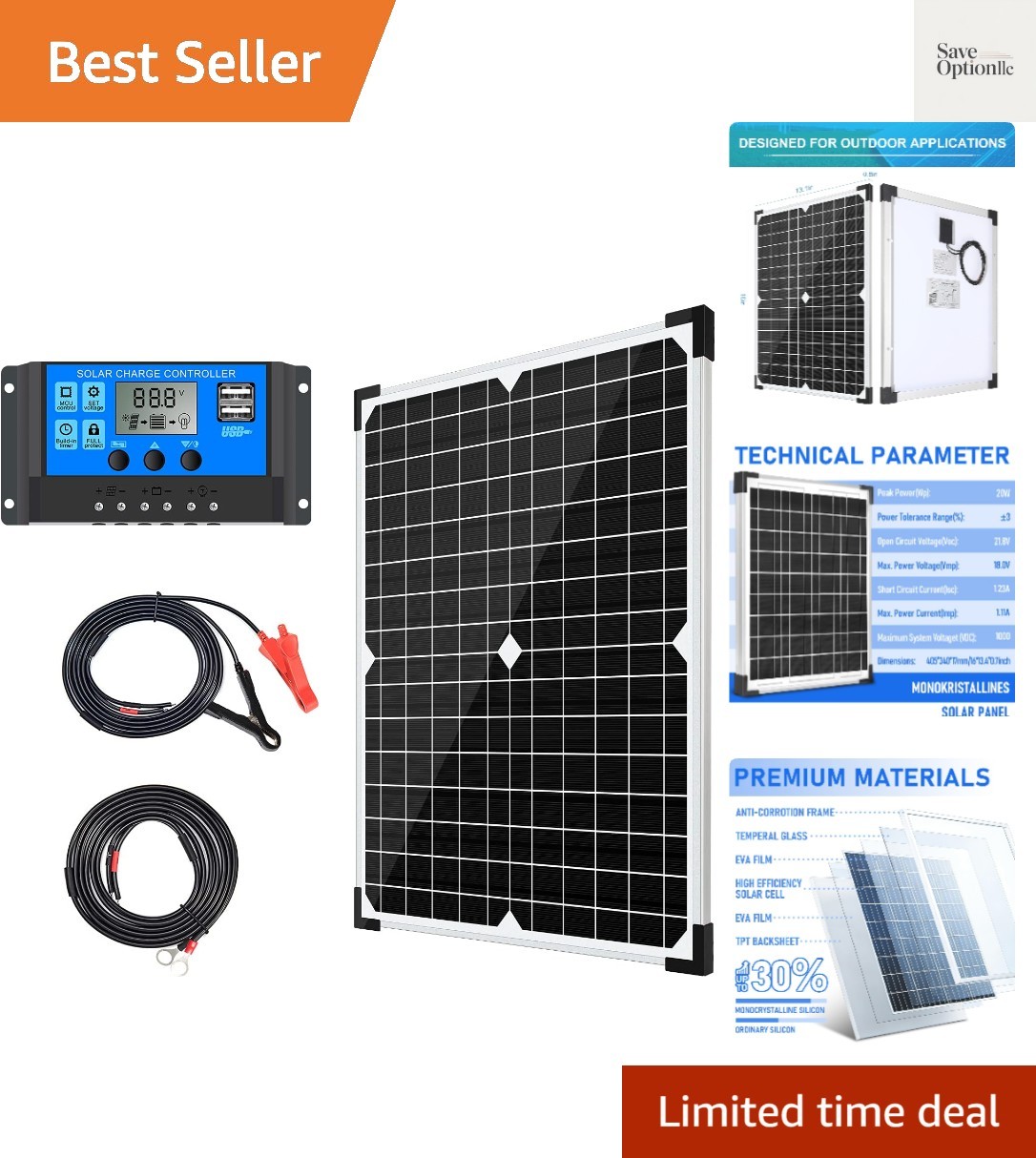 Solar Panel Kit 20W 12V Monocrystalline,Battery Maintainer +10A Solar Charge …