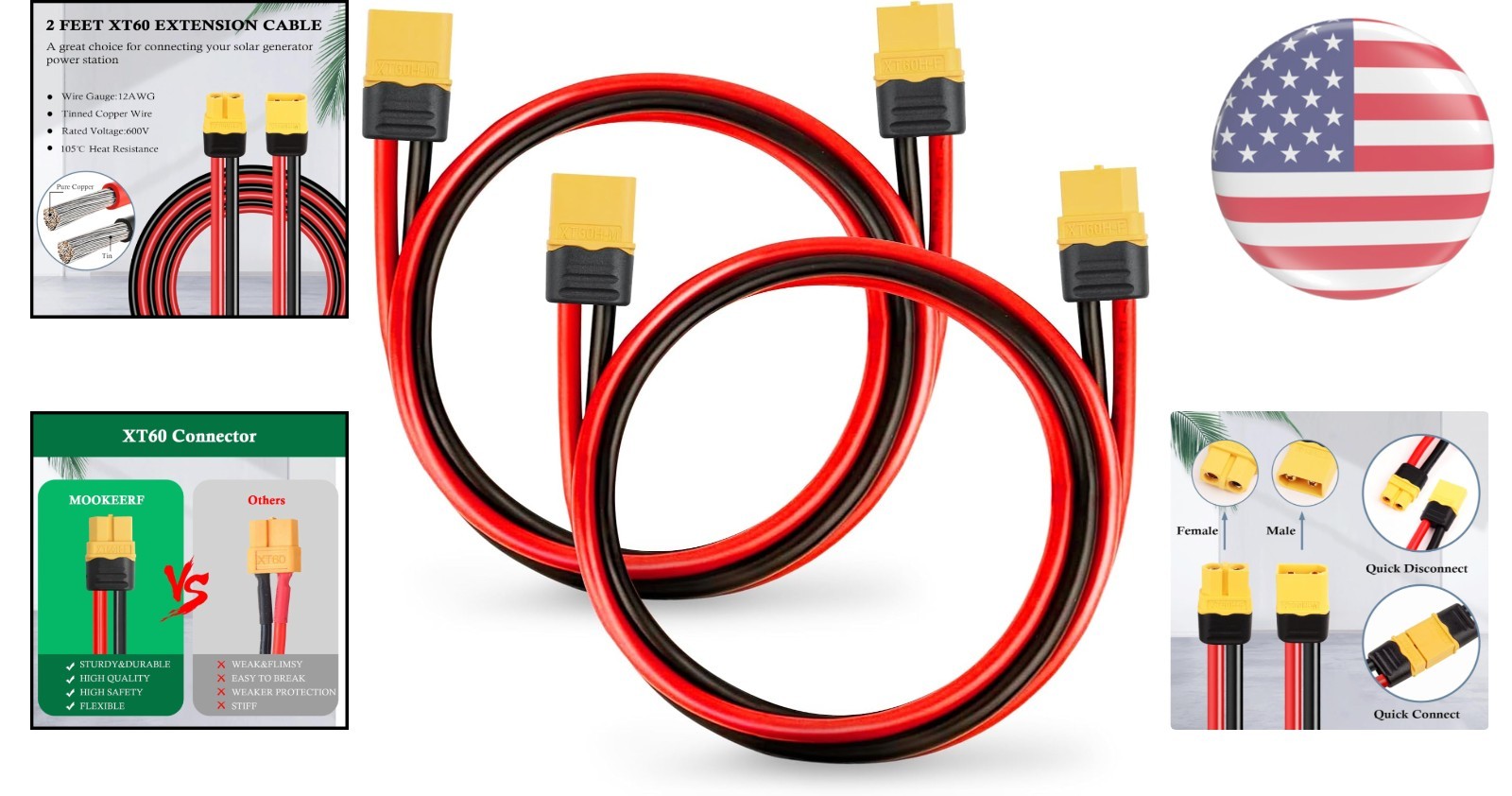 2FT 12AWG XT60 Male-Female Extension Cable – Durable, Waterproof and Efficient