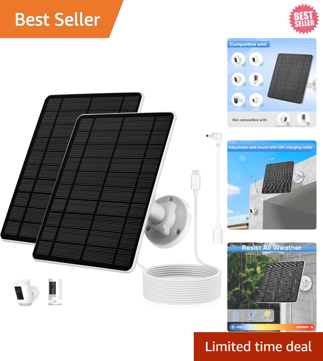 Solar Panel for Ring Camera(2Nd Generation), 2 Pack 5W Solar Panel with 10FT/3M