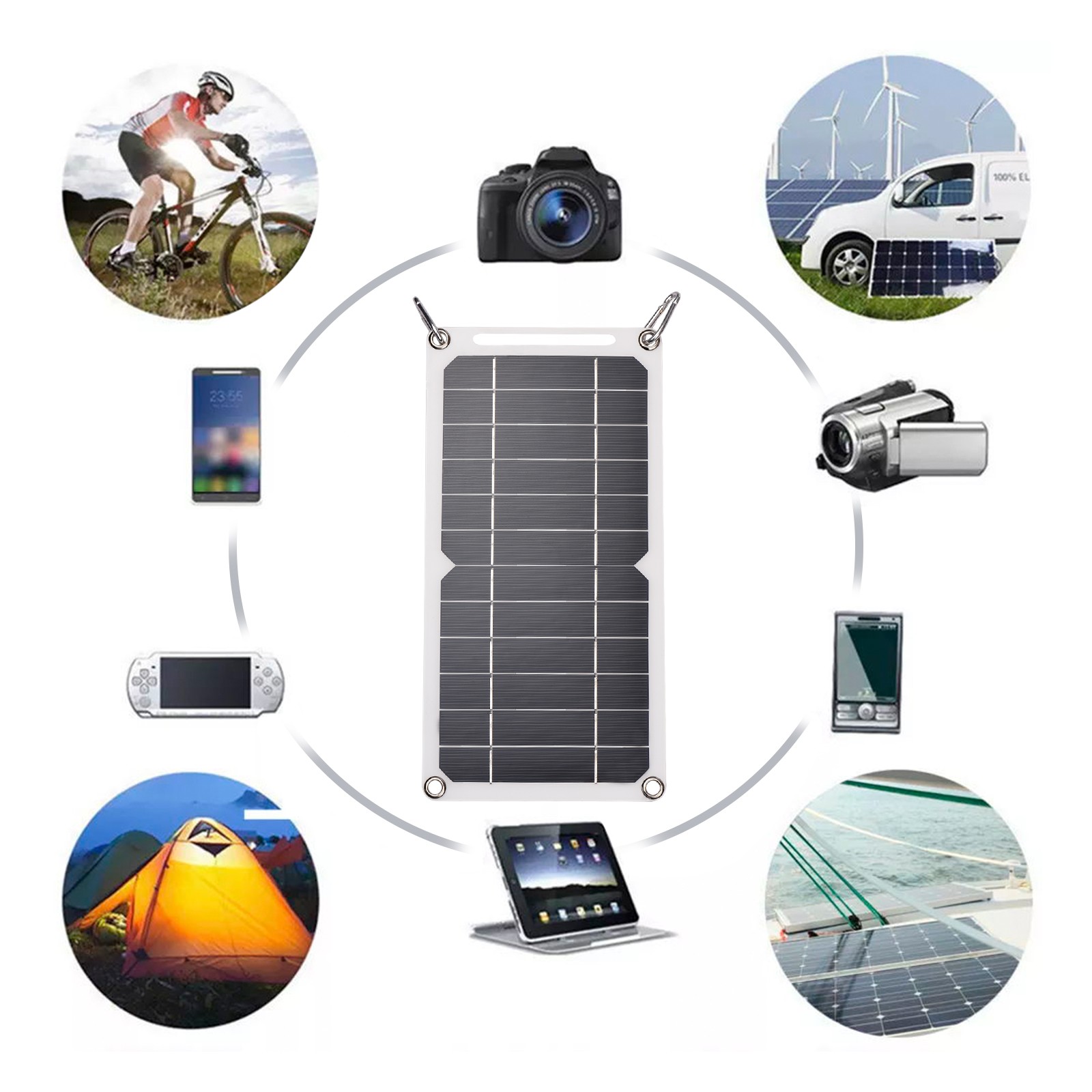 1-6W 5V Solar Panel With USB Port 2PCS Carabiner Monocrystalline Silicon Solar