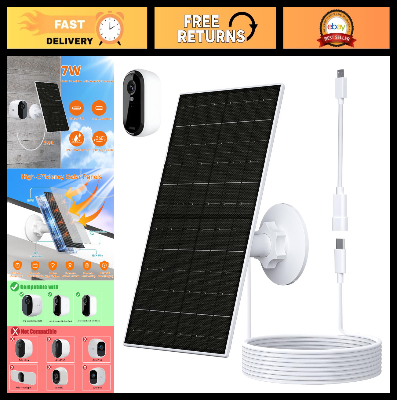 7W Solar Panel for 2K Cameras, USB-C Solar Charger, IP66 Waterproof, 360° Mount,