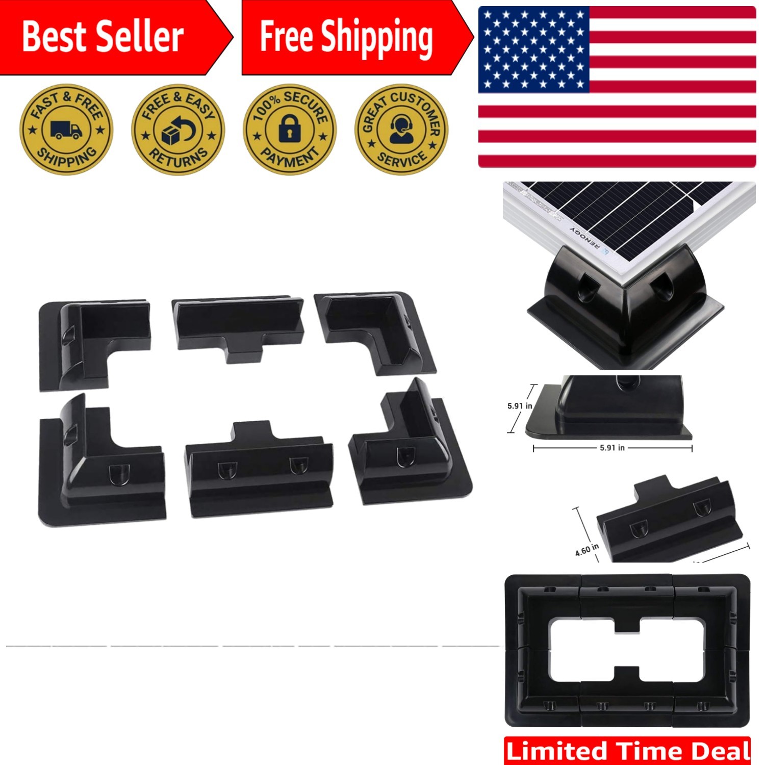 Corner Bracket Solar Panel Roof Drill-Free Mount for RV, Boats, 1 Set